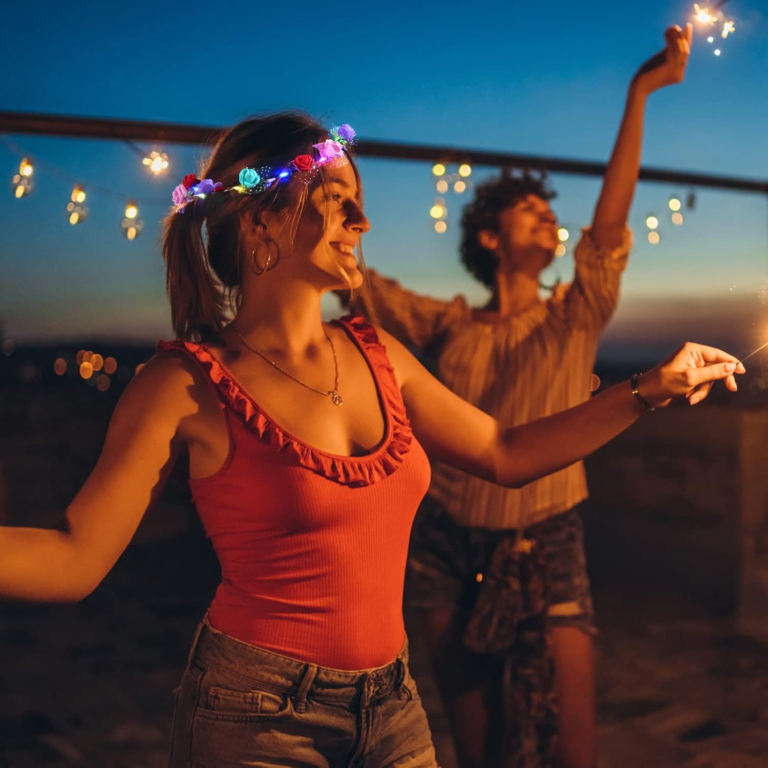 7 Pcs LED Flower Crown Headband, Light Up Flower Headbands for Women, Garlands Glowing Floral Wreath Crowns for Wedding Beach Party Birthday Cosplay (Diameter 19CM/7.4Inch) - Image 3