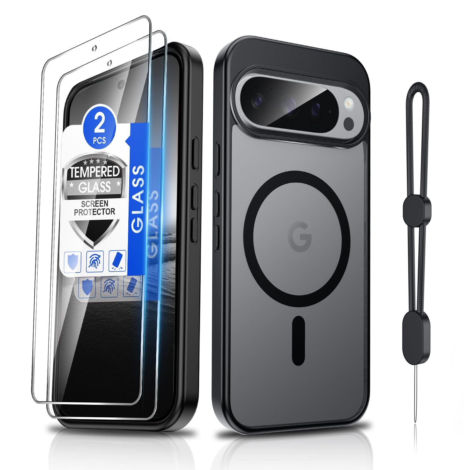 Dizn Magnetic for Google Pixel 9/Pixel 9 Pro Case,[Not Fit Pixel 9 Pro XL],with Tempered Glass Screen Protector,Lanyard,Compatible with MagSafe,Matte Shockproof Protective for 9/9Pro,Black