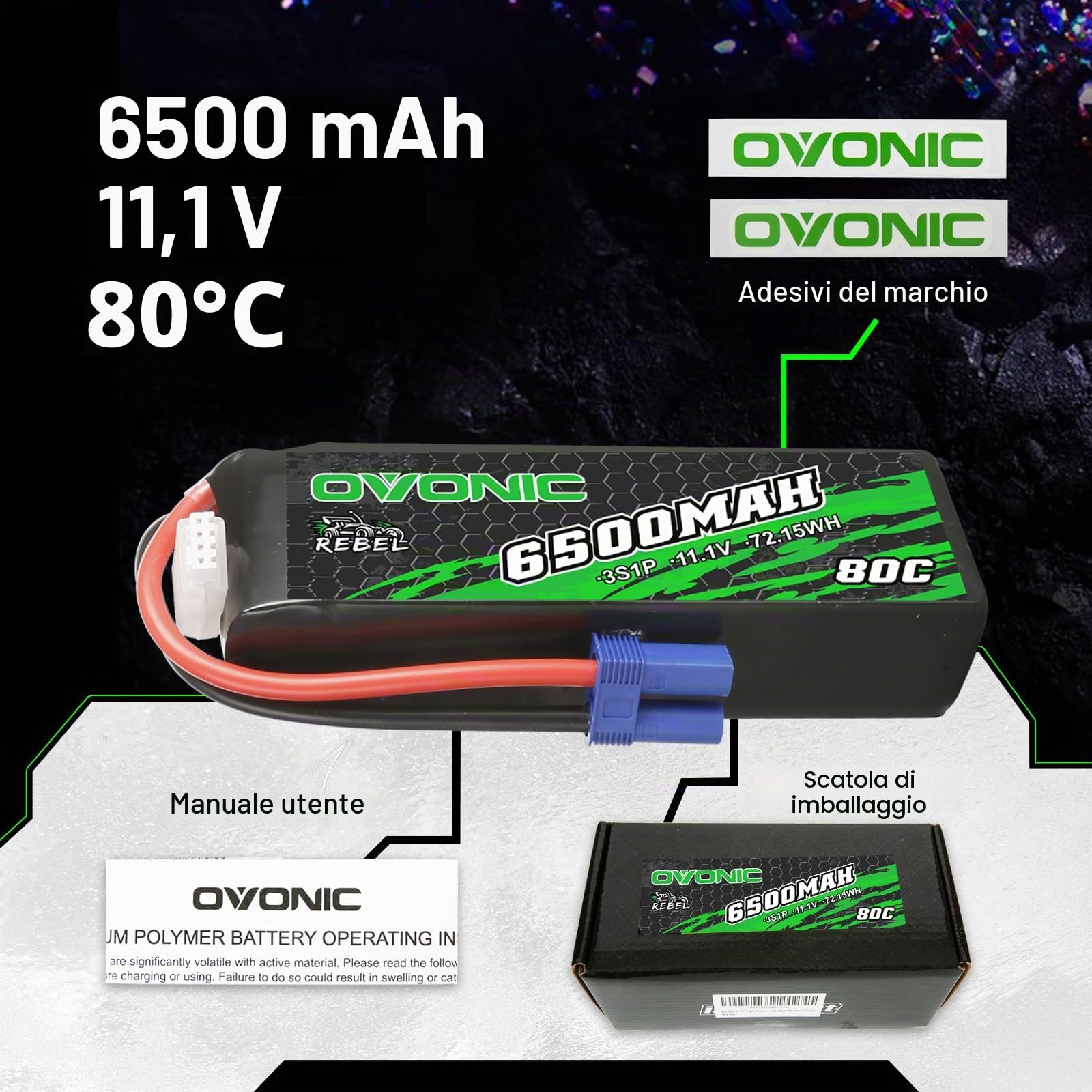 OVONIC 3s Batteria Lipo 6500mAh 80C 11.1V con Connettore EC5 per RC Auto Barca Camion Buggy Team Associato Hobby FAI DA TE