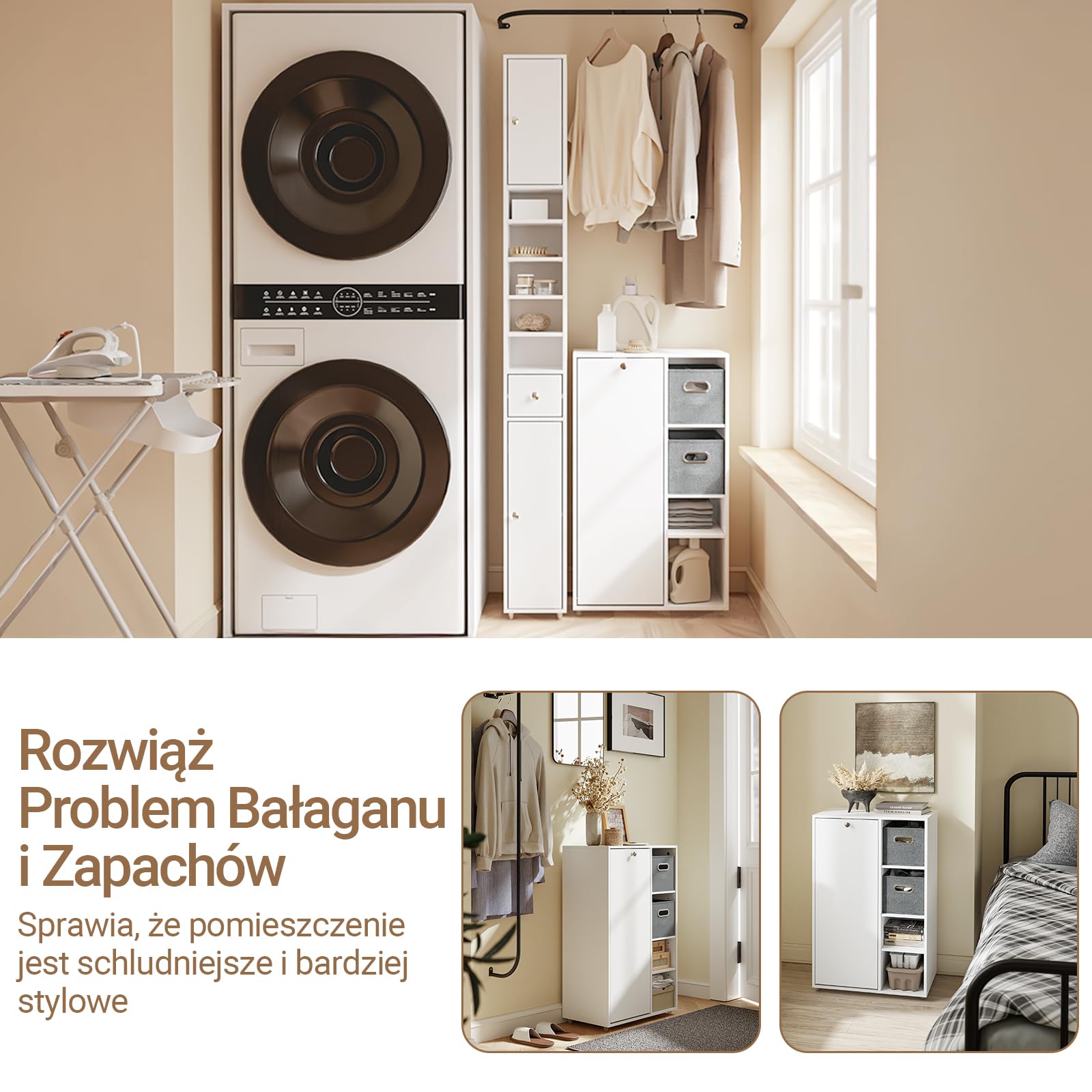 SoBuy BZR218-W szafka łazienkowa z koszem na pranie – wąska szafka łazienkowa z 2 szufladami z materiału, szerokość 50 cm, regał łazienkowy