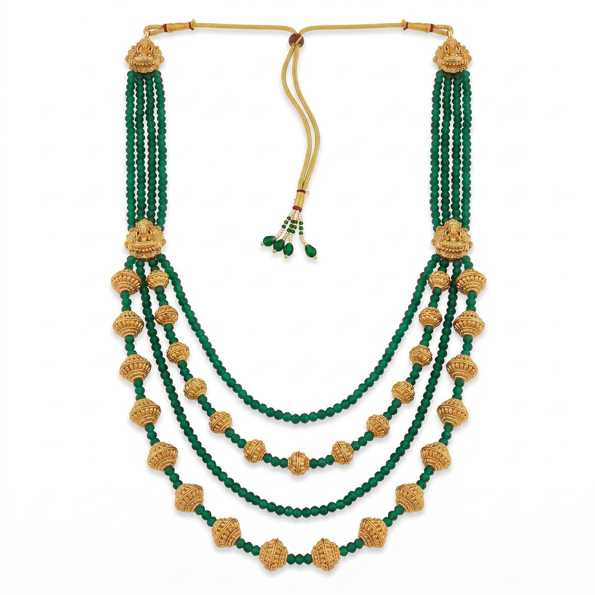 Gold Plated Green Beaded Layered Long Haram Necklace for Women | Traditional South Indian Temple Style Multi Layer Ethnic Necklace | Antique Finish Artificial Jewellery-picture-15