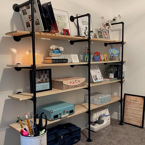 Miniatura 2 de HITOMEN Estantes industriales de tubos de hierro, 3 juegos de 5 niveles, 70 pulgadas de alto, 12 pulgadas de profundidad, estantería abierta de