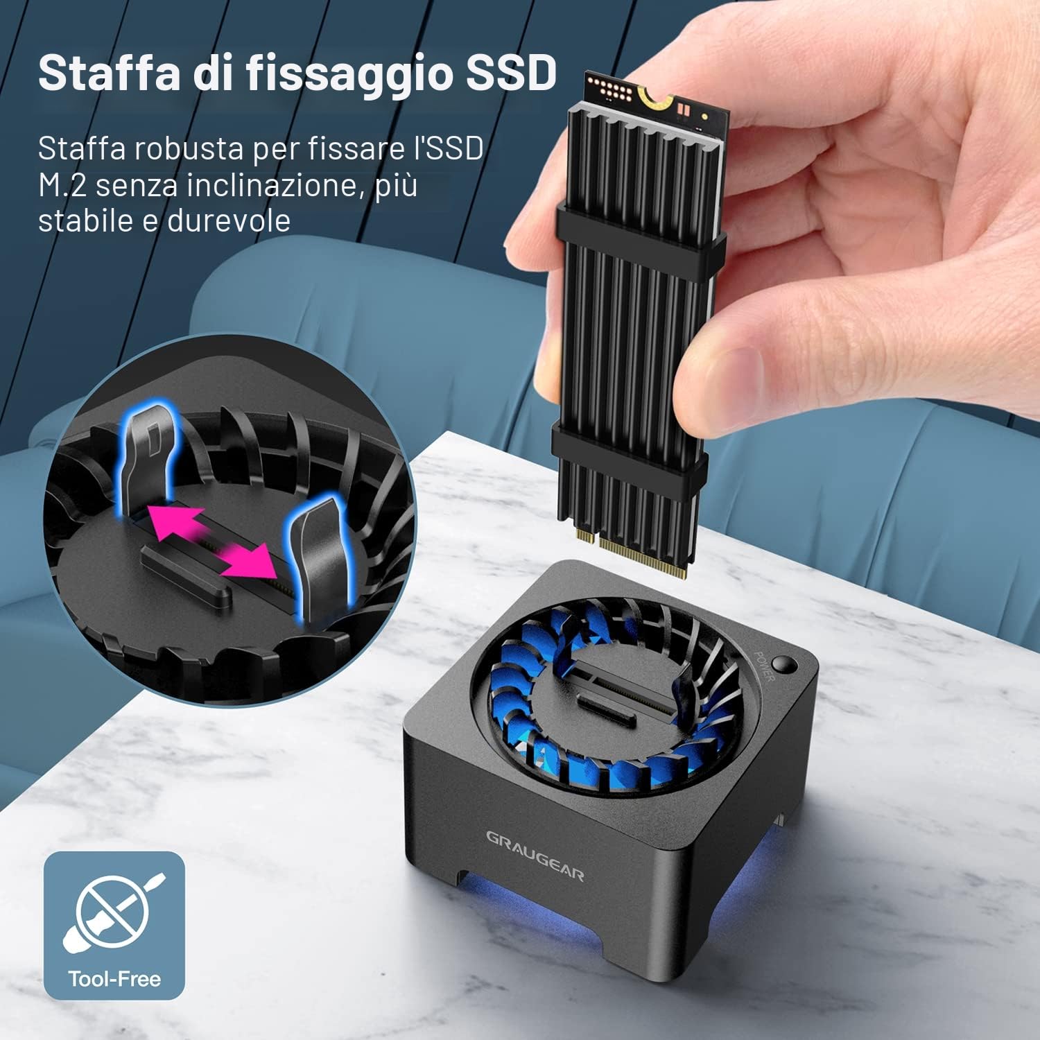 GRAUGEAR Docking Station per SSD M.2 NVMe & NGFF, RTL9210B, USB3.2 Gen2 10Gbps, Ventola Silenziosa 50mm, senza attrezzi
