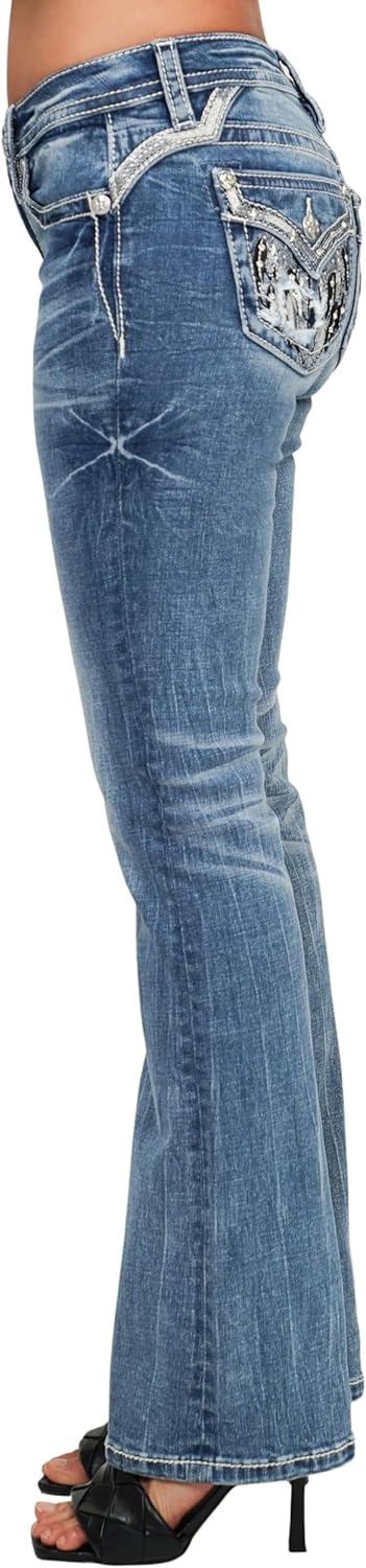 Miss Me レディース ミッドライズ ダウンターン ウィング フェイクフラップポケット ブーツカットジーンズ