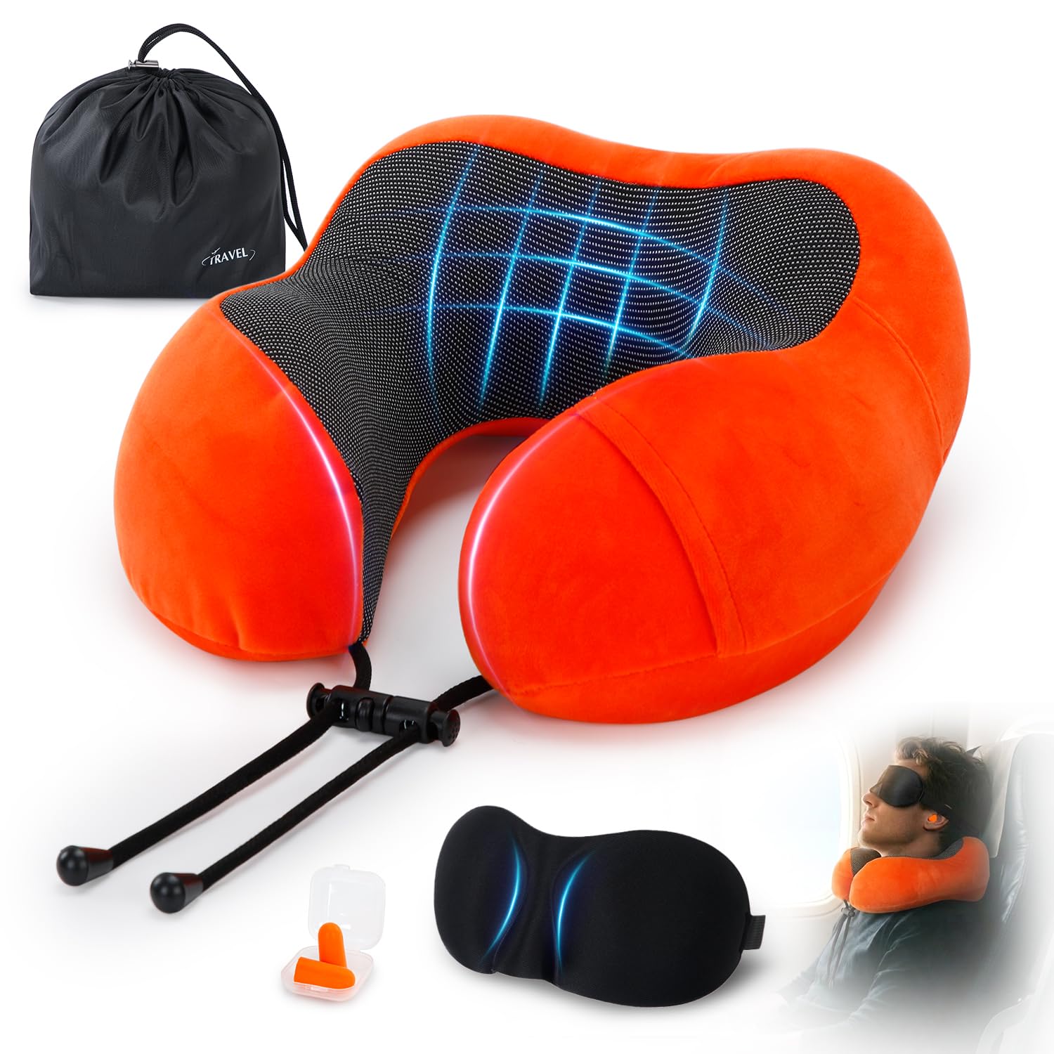 Memory Foam Comfort Travel Pillow for Airplane & Car，Adjustable Neck Pillow, Neck and Head Support Cushion with Ear Plugs, Eye Mask, Carry Bag, Compact Travel Essentials Gift for Adults (Red Orange)
