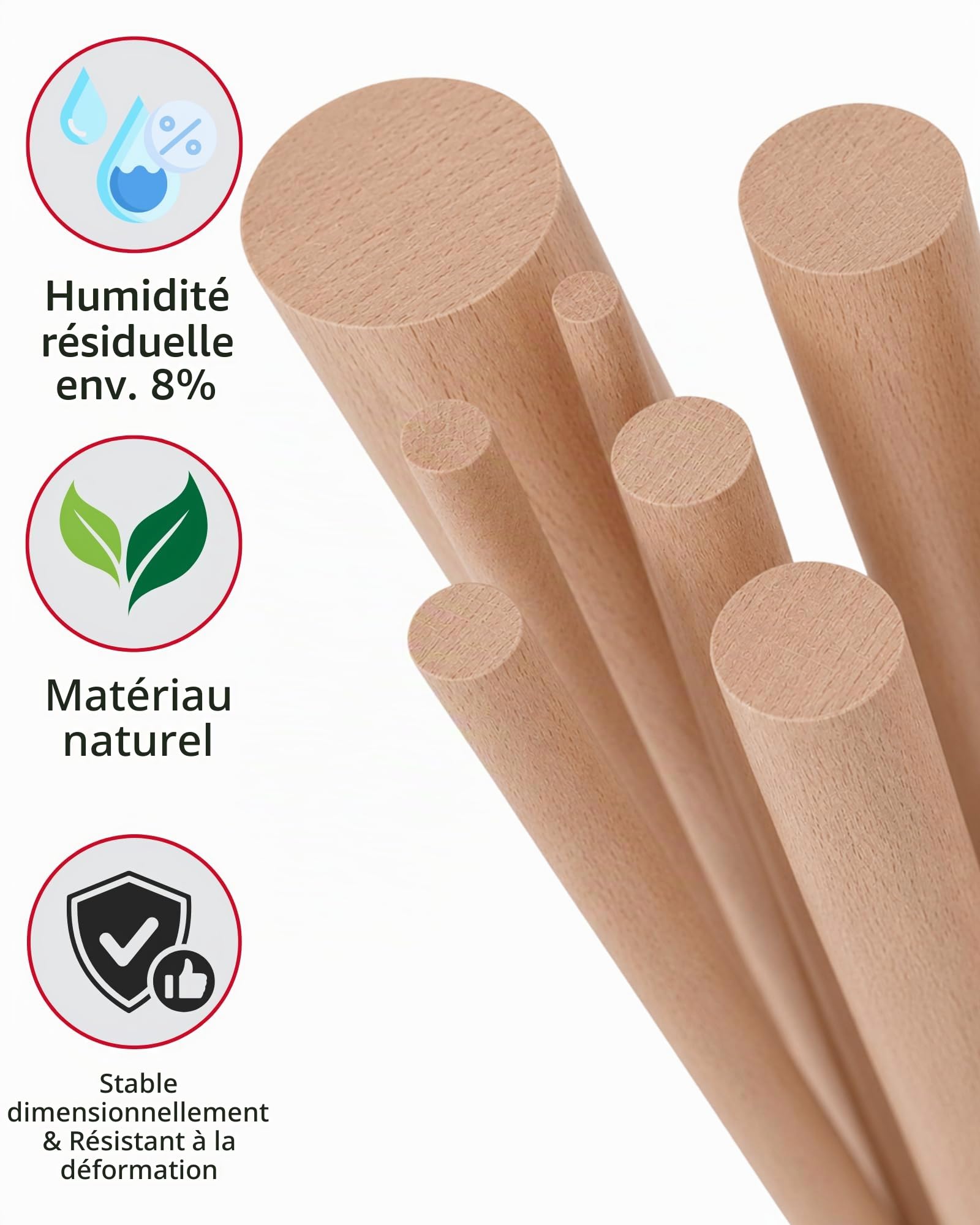 Gedotec Tige ronde en hetre lisse | tiges en bois | batons de bricolage 40 x 1000 mm | lot de 5 | tiges en hetre a bricoler | tige en bois massif | batonnets