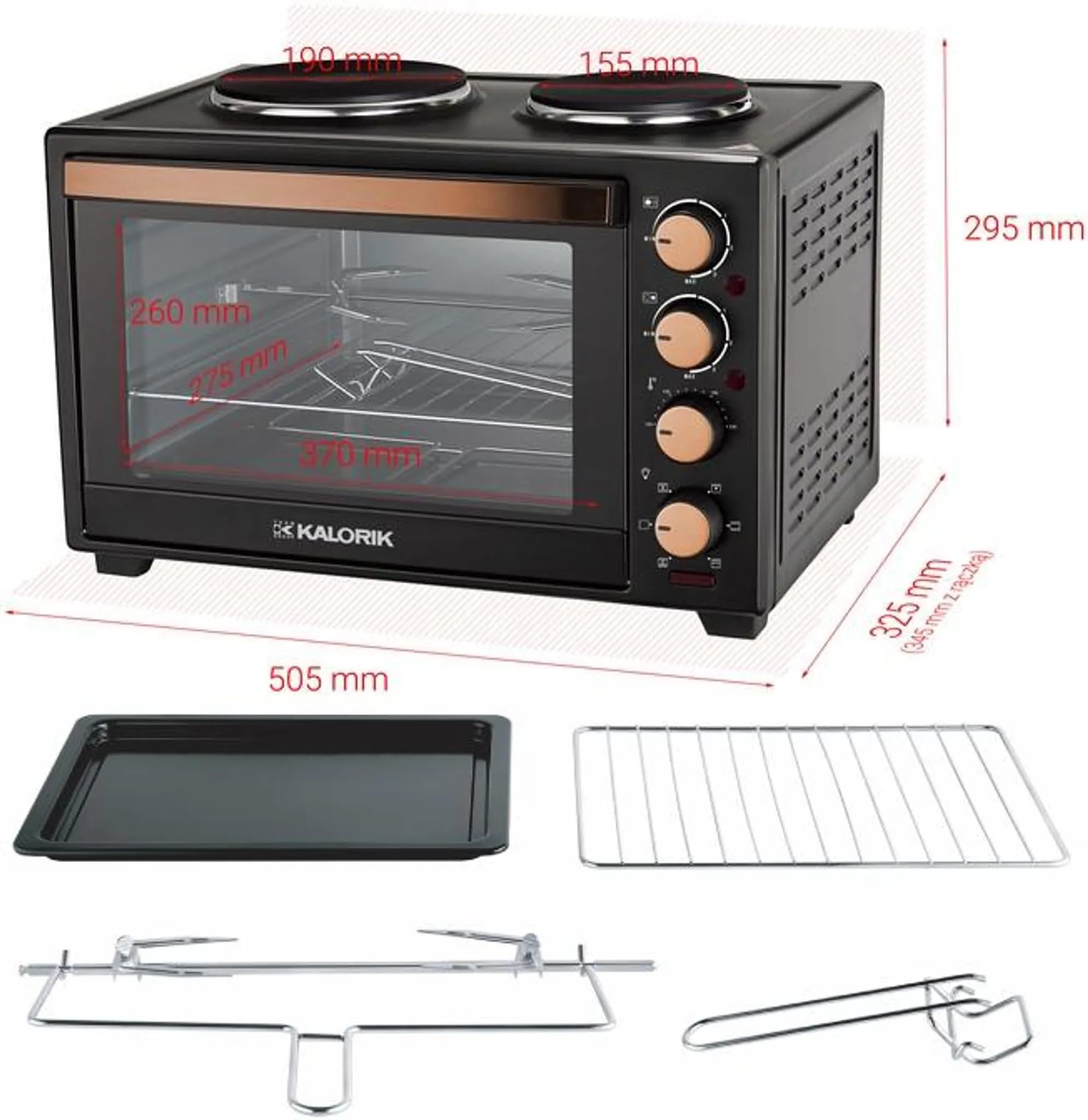 Kalorik – Mini Piekarnik Elektryczny – Płyta grzewcza 2 w 1 do Wszechstronnego Gotowania i Pieczenia, z Funkcją Termoobiegu i Rożnem Obrotowym, 3300 W, 30 litrów, 2 Palniki, Czarny