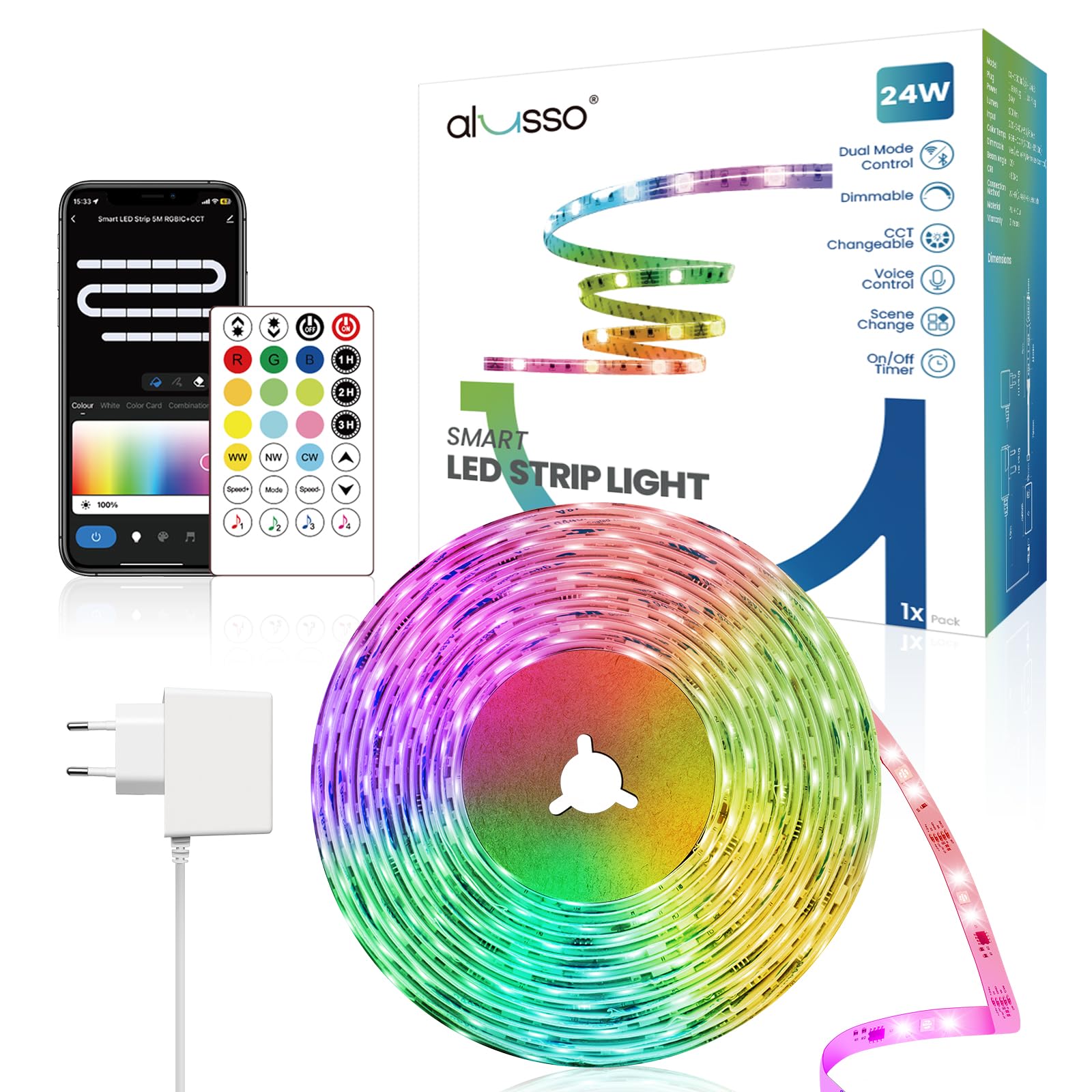 ALUSSO LED Strip 5M, Smart RGBIC LED Streifen, Lichterkette LED Leiste Funktioniert mit Alexa & Google Assistant, DIY Segmentsteuerung, App-Steuerung, Musik Sync, Deko für Party,Schlafzimmer,Zuhause