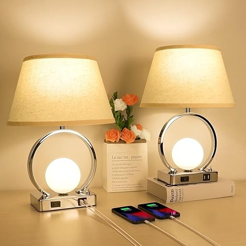 Eneru Lámparas de noche para dormitorio, mesita de noche, juego de 2 con puertos de carga USB C y lámpara de mesa con salida de CA con lámpara de