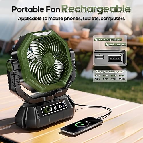 Miniatura 3 de AJVV Ventilador de camping recargable, ventilador alimentado por batería con control remoto, luz LED, motores duales, velocidad continua, oscilación