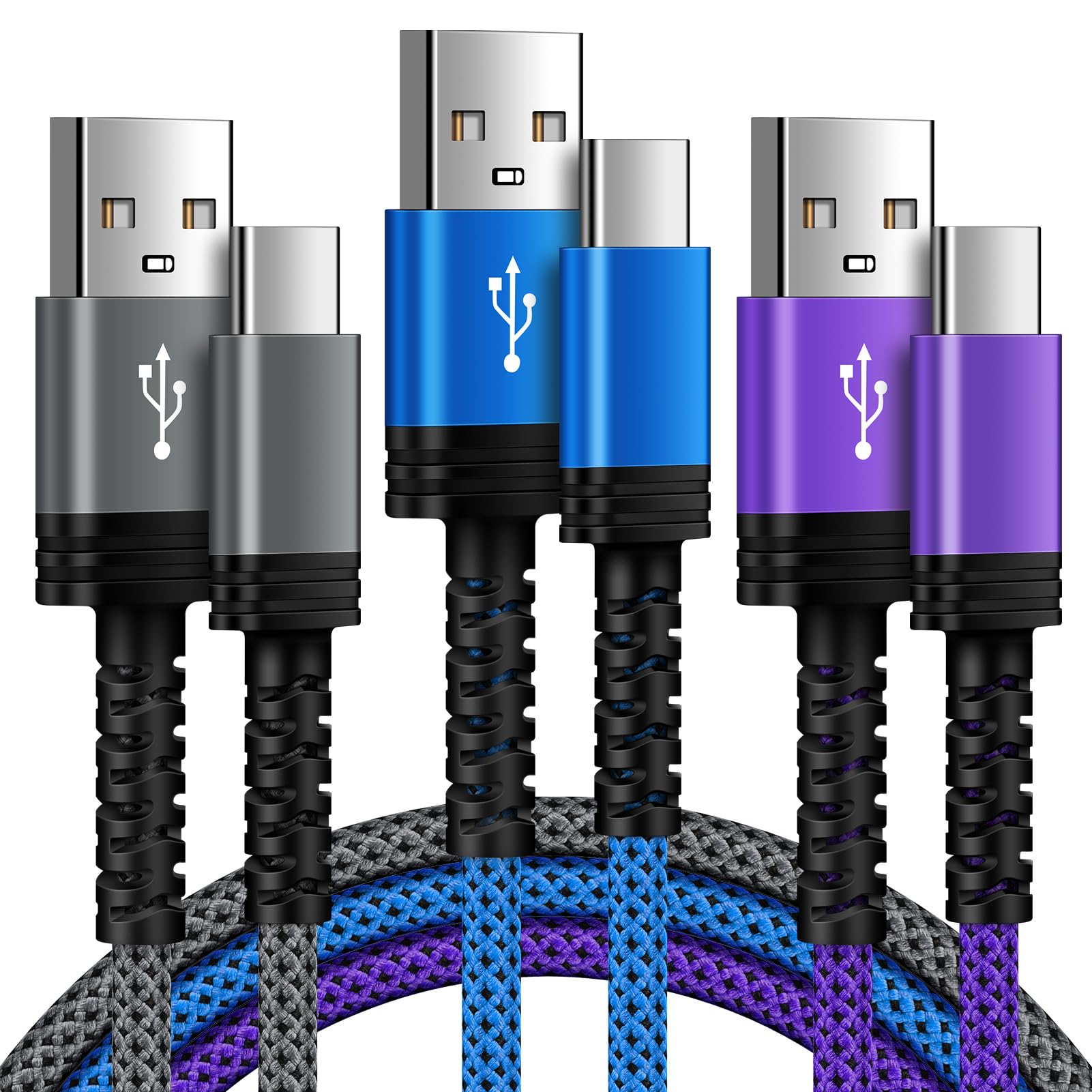 Cable de carga rápida USB C para Samsung, paquete de 3 unidades de 6 pies de nailon trenzado tipo C Android Auto para Galaxy Z Fold7 Flip7 S25 Ultra S24 FE A16 A15 A56 A55 A36 A26 A35 5G iPhone 17 16e