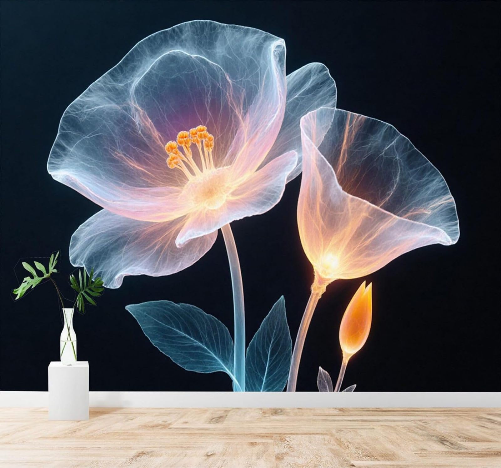Xlming 350Cm×256Cm(B×H) Glowing Transparent Flowers Light Coloured Petals Art 3D Wallpaper Silky Texture Home Study Office Grey Dining Room Sofa Bedroom Living Room Tv Backdrop-350Cm×256Cm