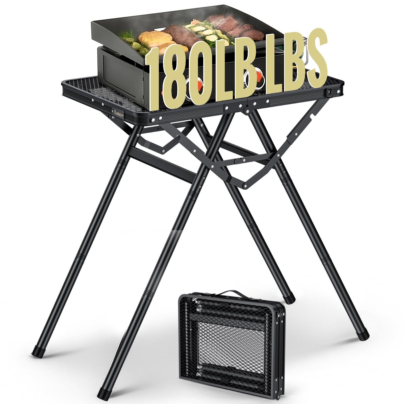Anbte Table de Camping Pliable avec Hauteur Réglable, Supporte 82 kg, Ultra-Légère et Portable, Plateau Résistant à la Chaleur, Parfaite pour Jardin BBQ et Pique-Nique, 60x40cm
