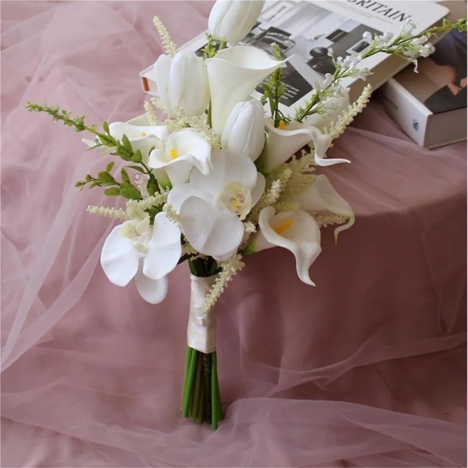 Ramo de novia de lirio de cala, reutilizable, tela de satén de orquídea Phalaenopsis, flores de imitación