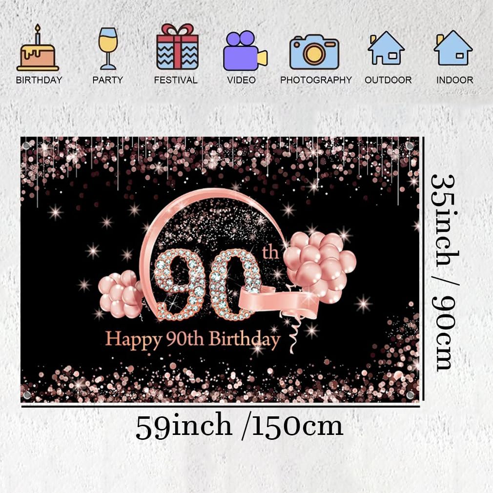 Happy 90th Birthday Backdrop Banner | 59x35.4 Inch Fabric Sign | 90 Years Old Party Decorations