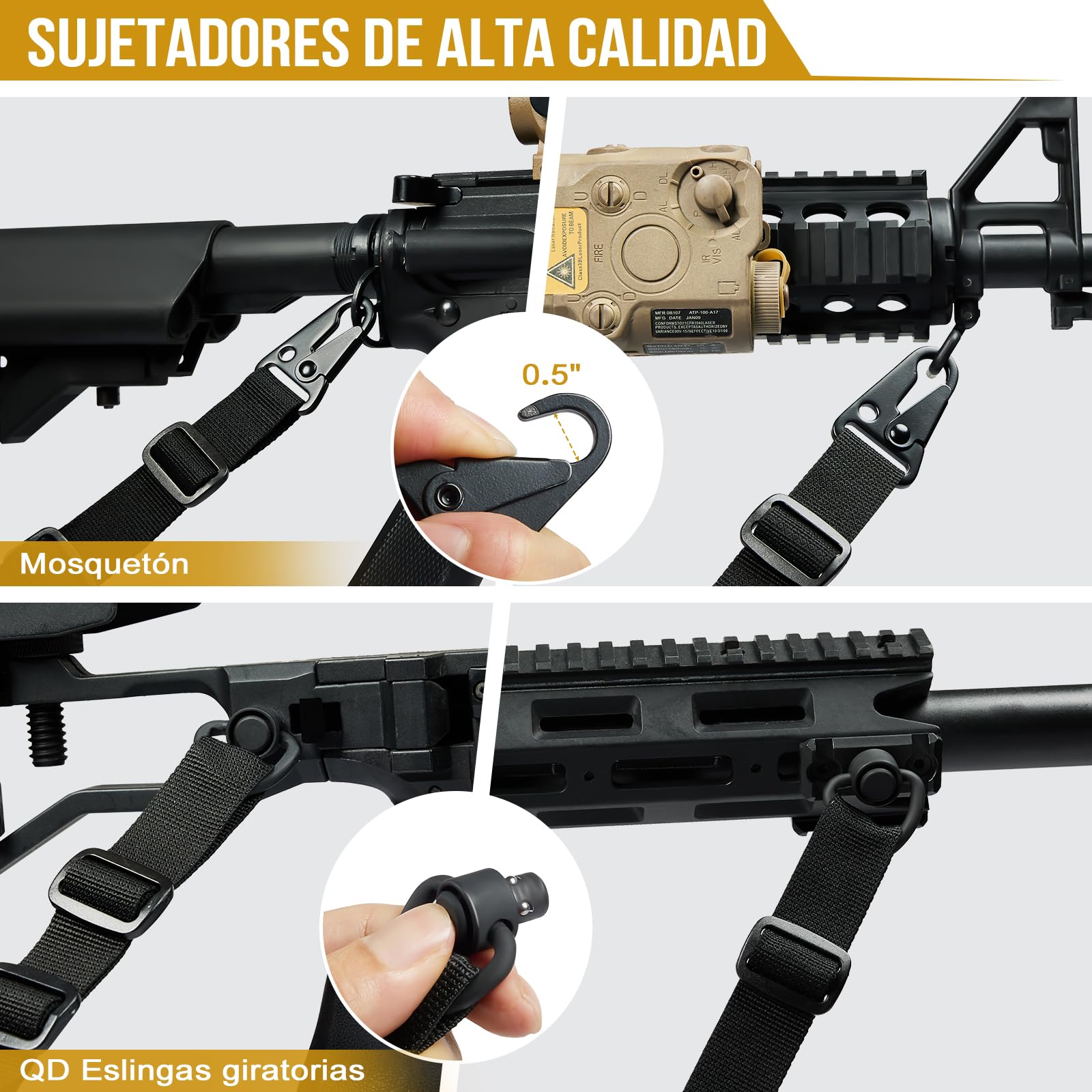 OneTigris Correa de Rifle de 2 Puntos, 2,5 cm de Ancho con Mosquetones Intercambiables Estilo HK, Ajustable 56-70 Pulgadas, Negro