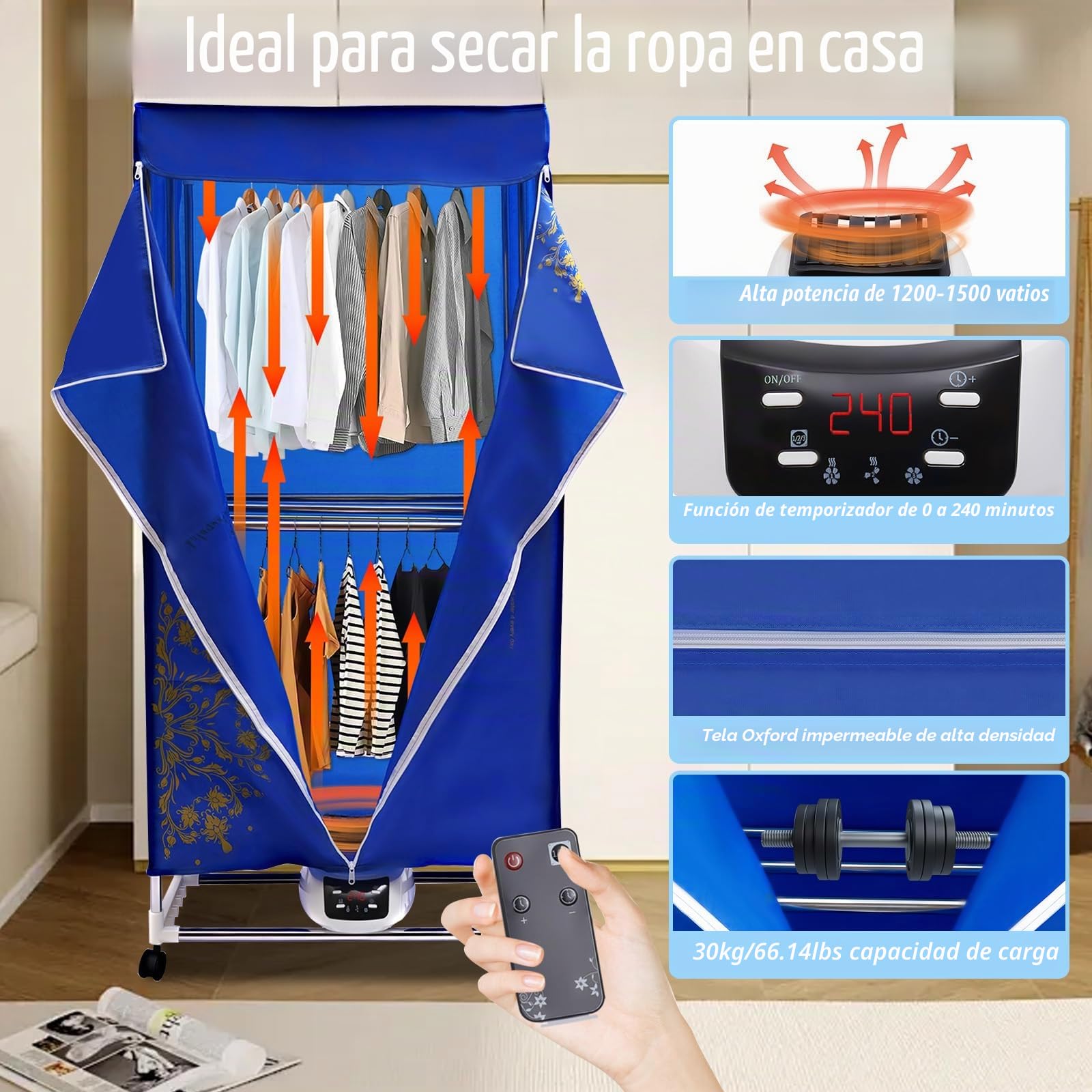 Secadora eléctrica, 1500 W, portátil, con mando a distancia, 30 kg, armario de secado doble, ahorro de energía, gran capacidad, plegable