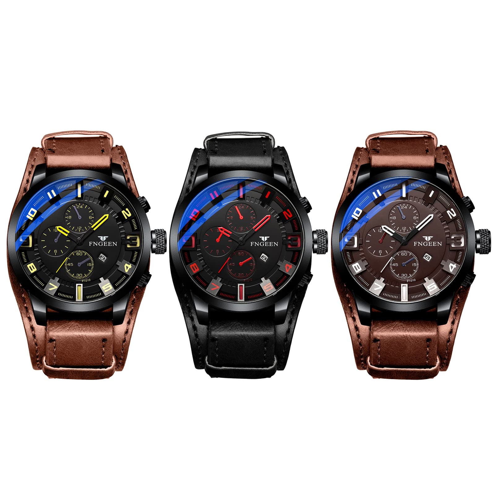 JewelryWe Herrenuhr Analog Quarz Datum Kalender Punk Militärische Armbanduhr Herren 30m wasserdichte Militär Sport Uhr mit Echtleder Leder Armband