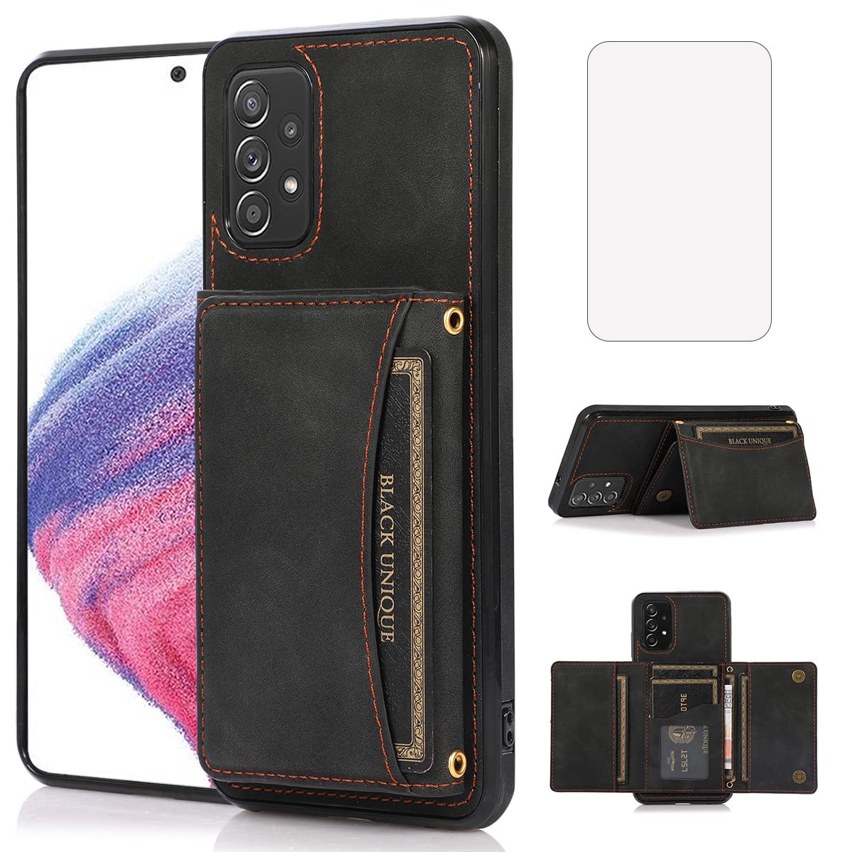NKECXKJ Design for Samsung Galaxy A53 5G Wallet Case with Tempered Glass Screen Protector PU Leather Credit Card Holder Slot Phone Cases Kickstand