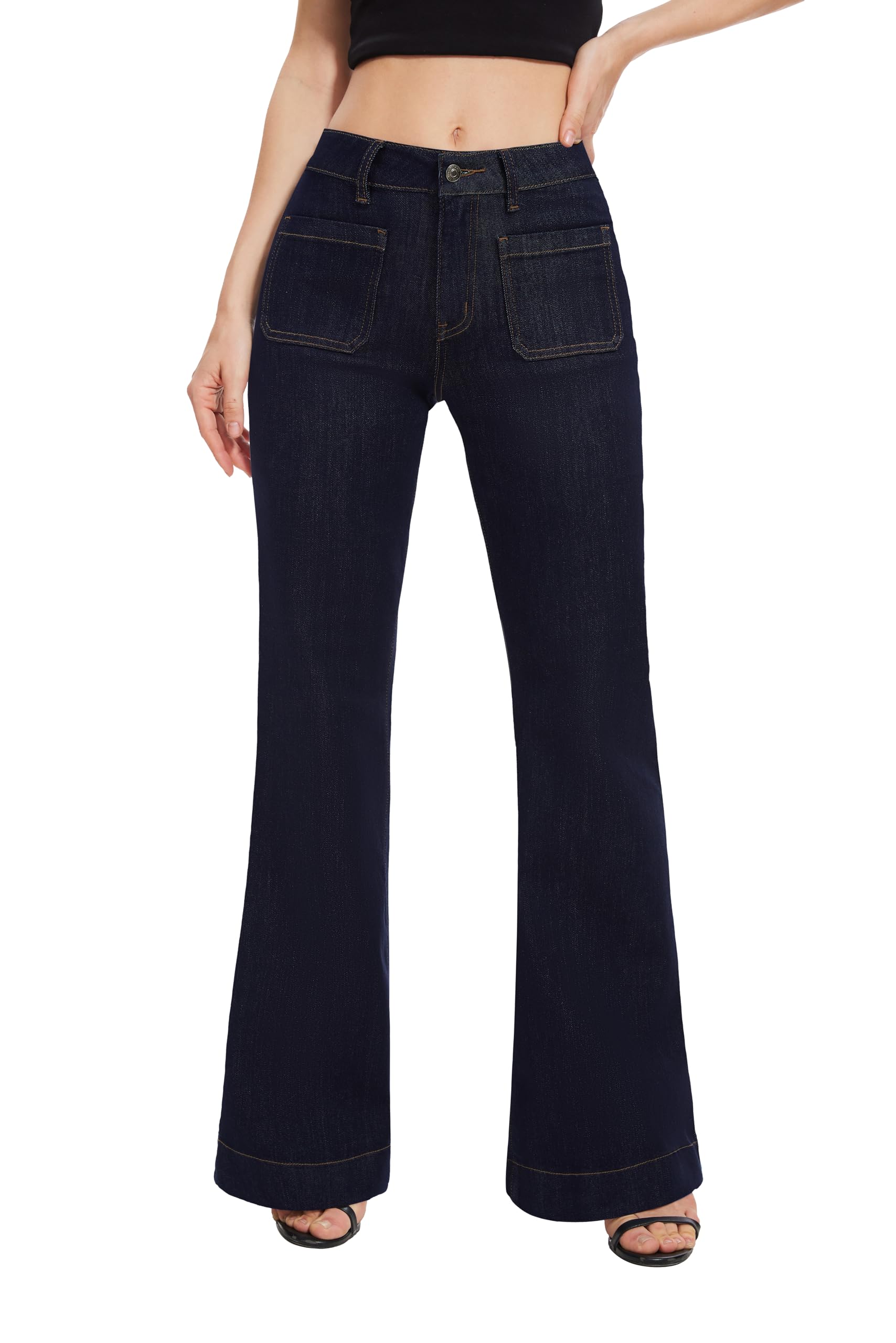 FLYING BANANA Women's Flare High Waisted Bell Bottom Wide Leg Jeans Baggy Stretch Trendy Denim with Pockets