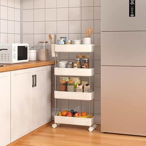 Miniatura 8 de VECELO Carrito rodante de almacenamiento, carrito utilitario de 4 niveles, organizador de almacenamiento móvil delgado con ganchos para ruedas y