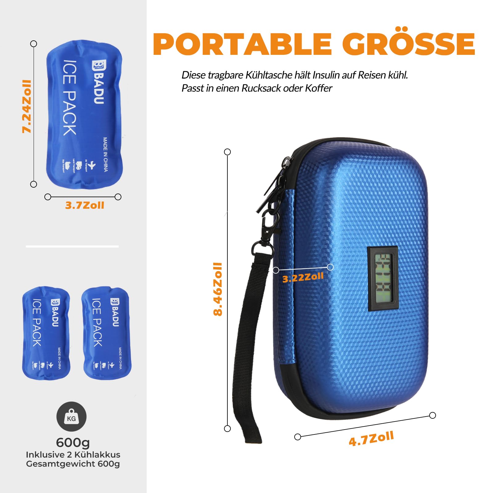 Insulinkühler Reisekoffer TSA genehmigte Medikament Diabetischer Kühler für Reisen mit Thermometer Temperaturanzeige Kühler Medizin Organizer Tasche mit 2-Eis-Pack (blau)