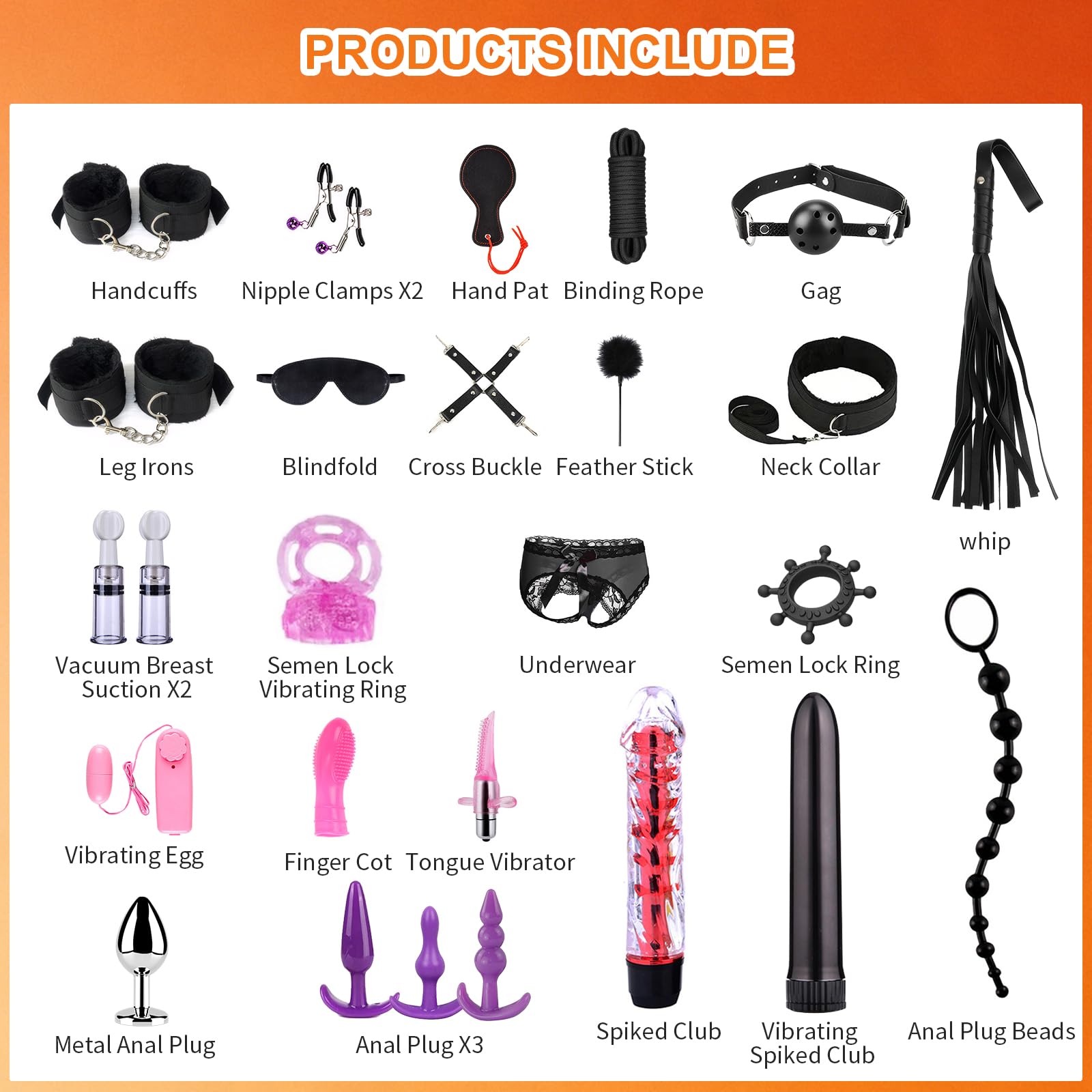 Ninonly SM Bondage Kit Juguetes Sexuales 26Piezas Juguetes Sexuales con Esposas Ajustables,Grilletes para Pies,Látigo,Máscara para los Ojos,Varita de Plumas,Vibrador para Parejas Hombres Mujeres negro