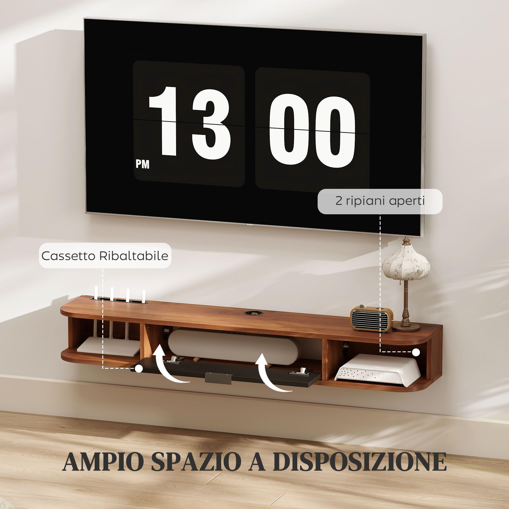 HOMCOM Mobile TV Sospeso con 2 Ripiani, Fino a 50" 120x24x16 cm Noce | Cassetto Ribaltabile, Foro Passacavi, Mobile Porta TV, Mobiletto per Televisore, Soggiorno Camera da Letto Salotto
