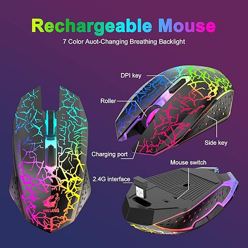 Miniatura 3 de Combo de teclado y mouse inalámbricos para juegos, teclado retroiluminado arcoíris de 61 teclas con recargable de 4000 mAh, sensación mecánica,
