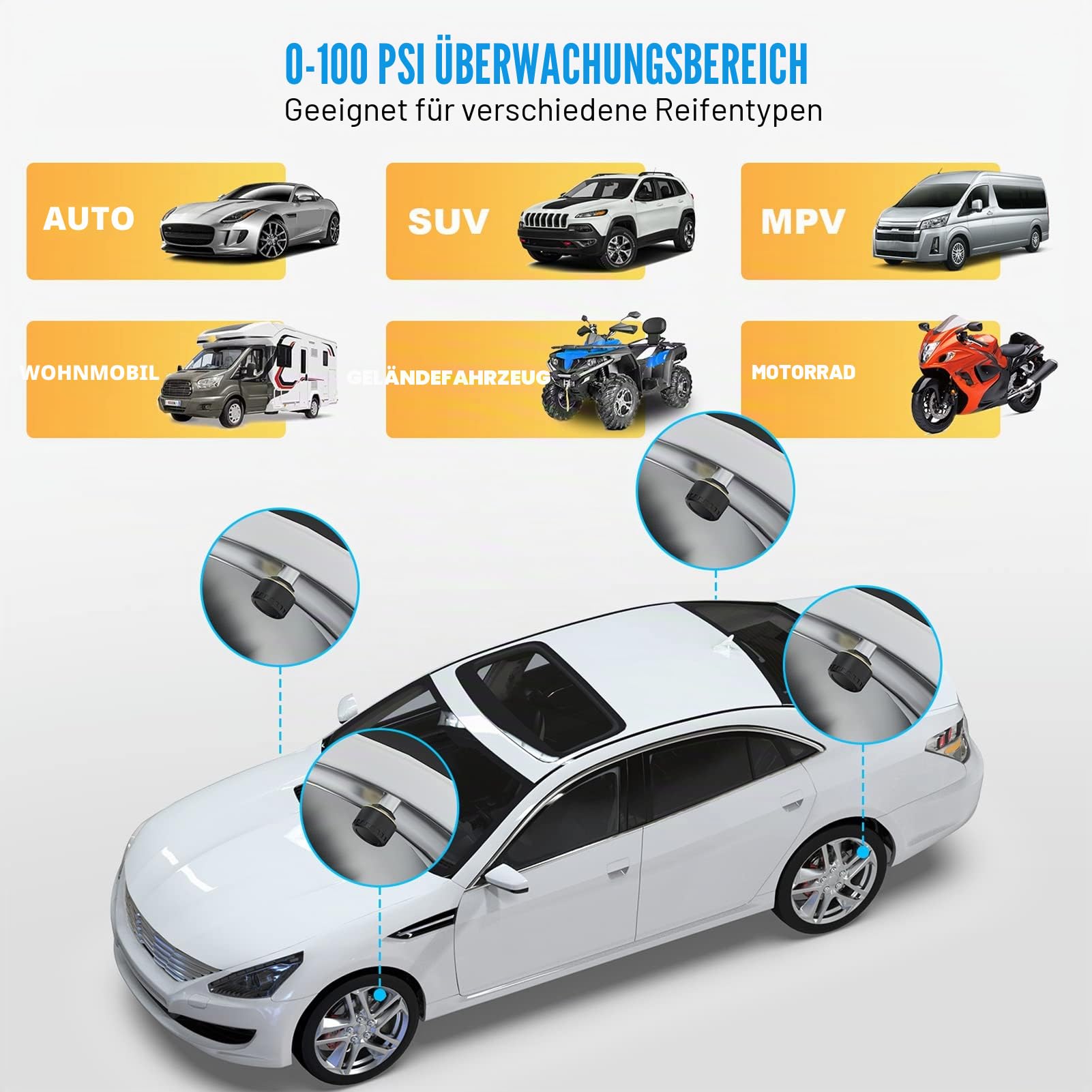 aqxreight ReifendrucküBerwachung, TPMS-ReifendrucküBerwachungssystem 4 Externe Sensoren Echtzeitanzeige Temperaturdruck 0 Bis 100 PSI FüR Pkw-WohnmobilanhäNger