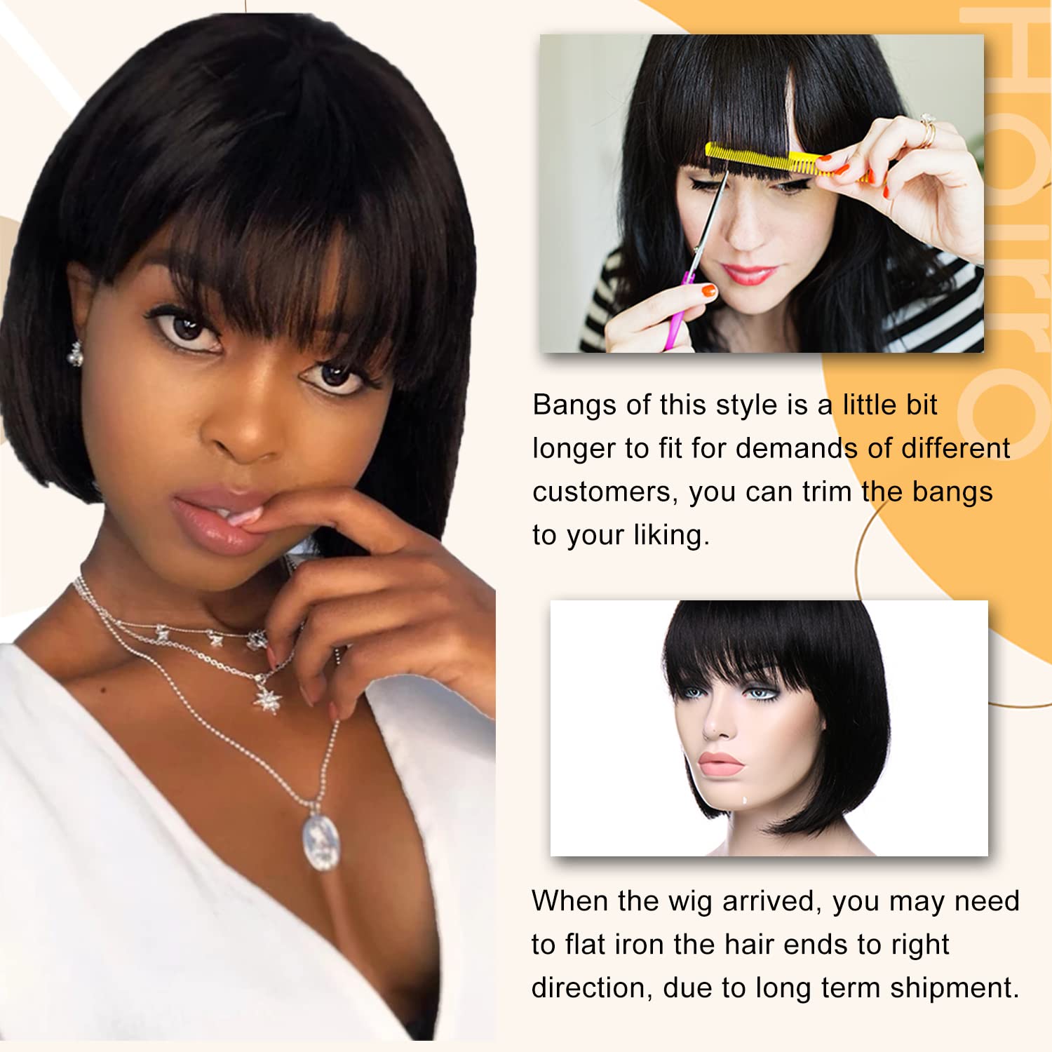 Short Bob Human Hair Wigs with Bangs Glueless Brazilian Virgin Hair Wig Machine Made None Lace Front Wigs Straight Daily Dress for Black Women 12inch Natural Color