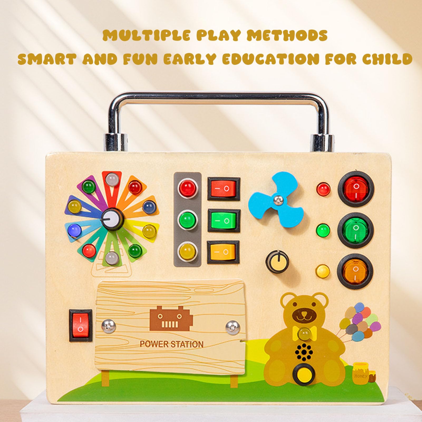 Busy Board, Sensorisches Holzspielzeug, -Aktivitätsbrett mit LED-Lichtern und Ampelwerkzeug für die Entwicklung der Feinmotorik von Kleinkindern auf Reisen