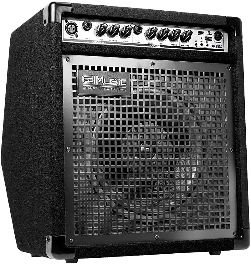 COOLMUSIC DK35S 50W Bluetooth Electric Drum Amplifier Keyboard Speaker with USB Input Record Function, Drum/Keyboard/MIC 3 in 1 Amplifier with Reverb Effect and DI Out