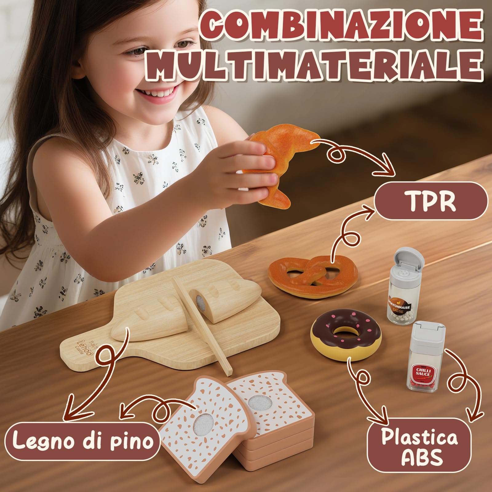 Lehoo Castle Cucina Giocattolo per Bambini, Pizza Giocattolo in Legno, Accessori Cucina Bambini, Giochi Bambino Bambina 3-5 Anni