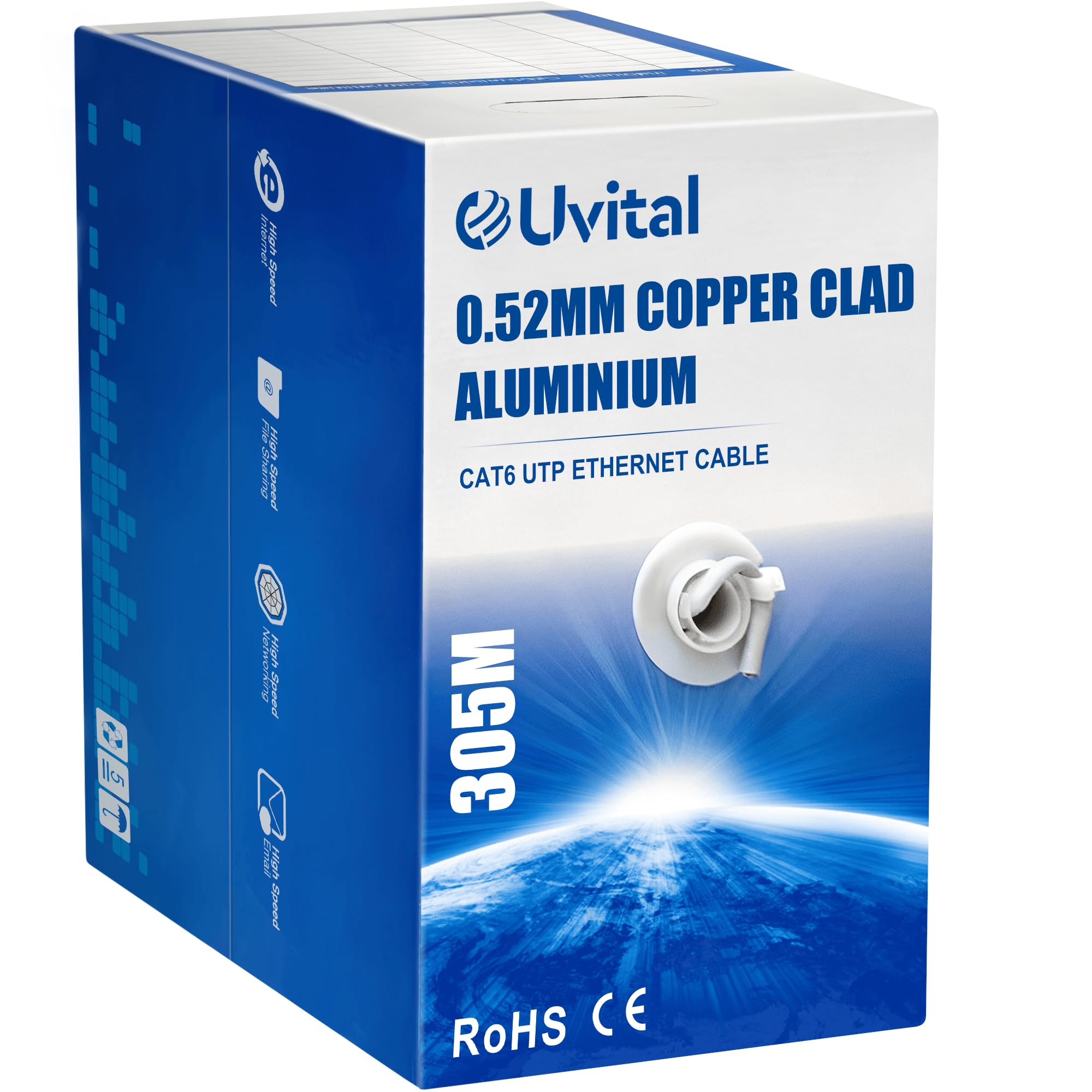 Uvital Cavo Ethernet Cat 6 da 305 m, cavo Internet ad alta velocità per interni, cavo di rete Gigabit 24AWG 1 Gbps, 250 Mhz, UTP CCA, compatibile con vari dispositivi di rete