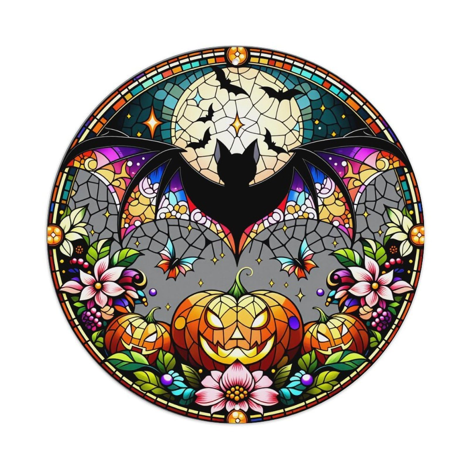 Stained Glass Halloween Bat Pumpkin Round Tin Sign Vintage Metal Poster Retro Bar, Home, Man Cave, Kitchen, Laundry Room Wall Art Decor Gift 8x8In