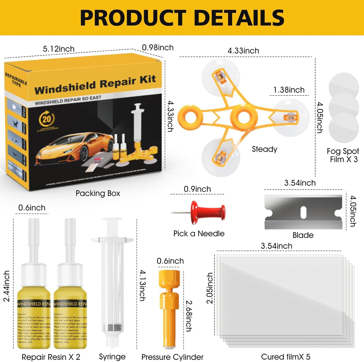 Kit de Réparation de Verre Fissuré, Kit Reparation Pare Brise, Windshield Repair Kit, Colle Pare Brise Voiture, Toile D'araignée, étoile, Entaille, Croissant de Lune Demi Lune