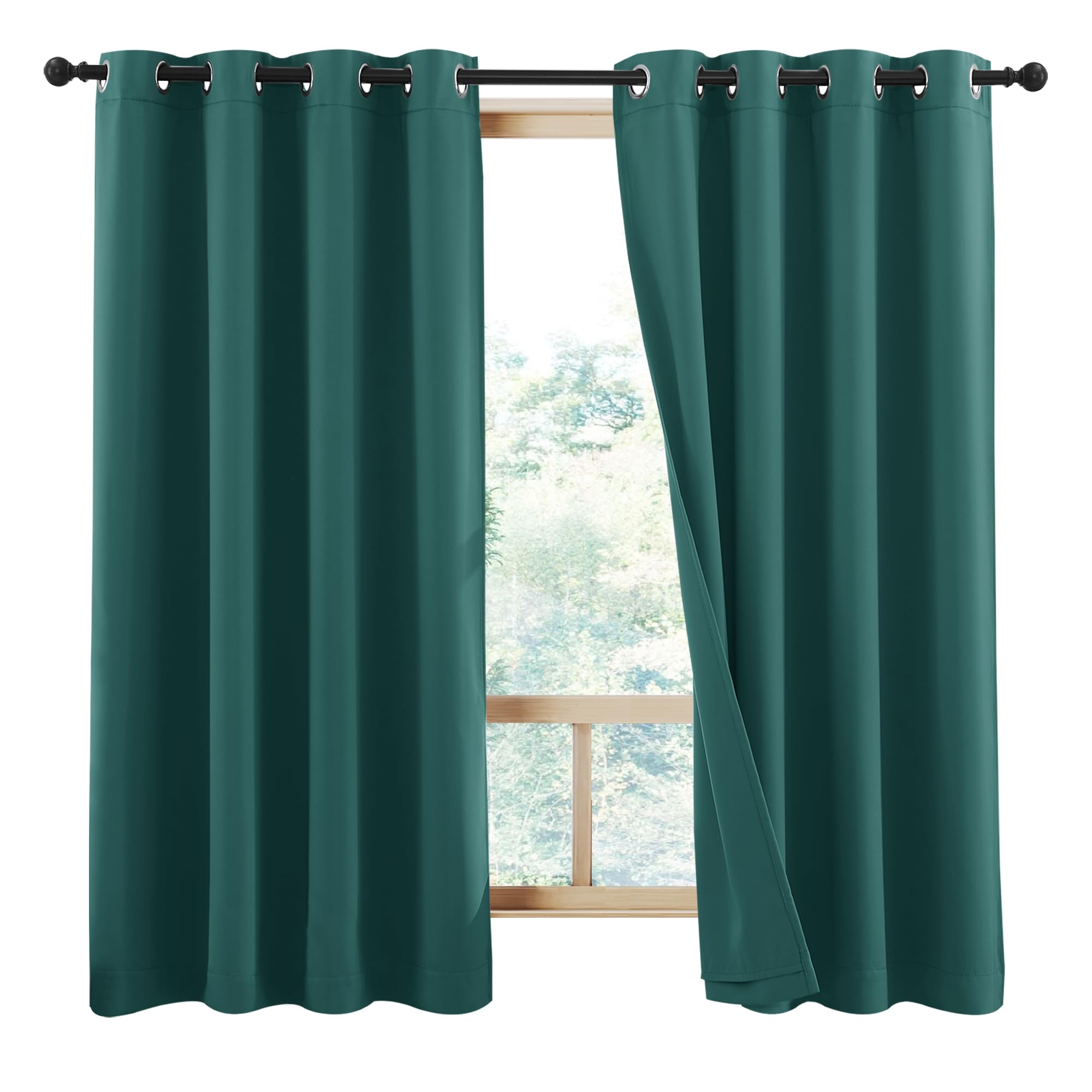 NICETOWN Small 100% Blackout Curtains with Same Color Liners, Thermal Insulated 2-Layer Lined Drapes, Energy Efficiency Window Draperies for Dining Room (Emerald Green, 2 PCs, 52W by 45L)