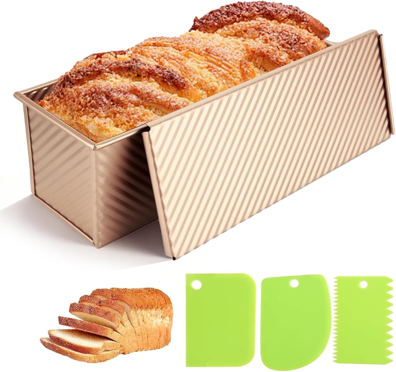 2.2 Lb Pullman Loaf Pan with Lid, 13x4 Nonstick Carbon Steel Bread Pan for Sandwich & Sourdough, Rectangular Corrugated Toast Box Mold for Oven Baking, Heavy Duty Easy Clean Bakeware (Gold)