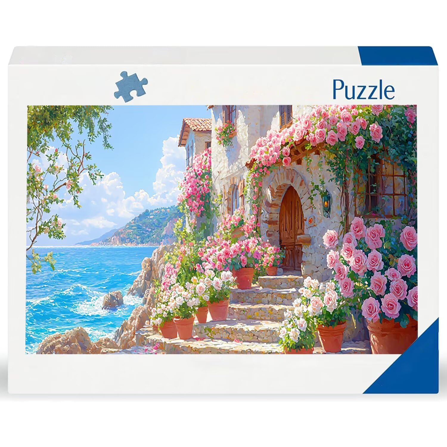 Puzzle dla dorosłych 1100 sztuk, widok na morze róże puzzle, trudne, wymagające, puzzle idealnie pasują, napis na plecach, prezent dla seniorów (87x42cm) v-676