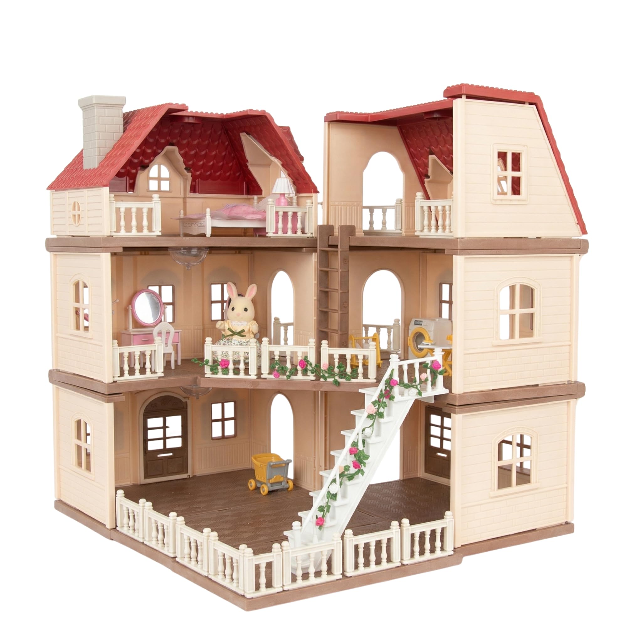 Family Manor Doll House — Large 3-Story Modular Playhouse with Furniture, Bunny Figures &…