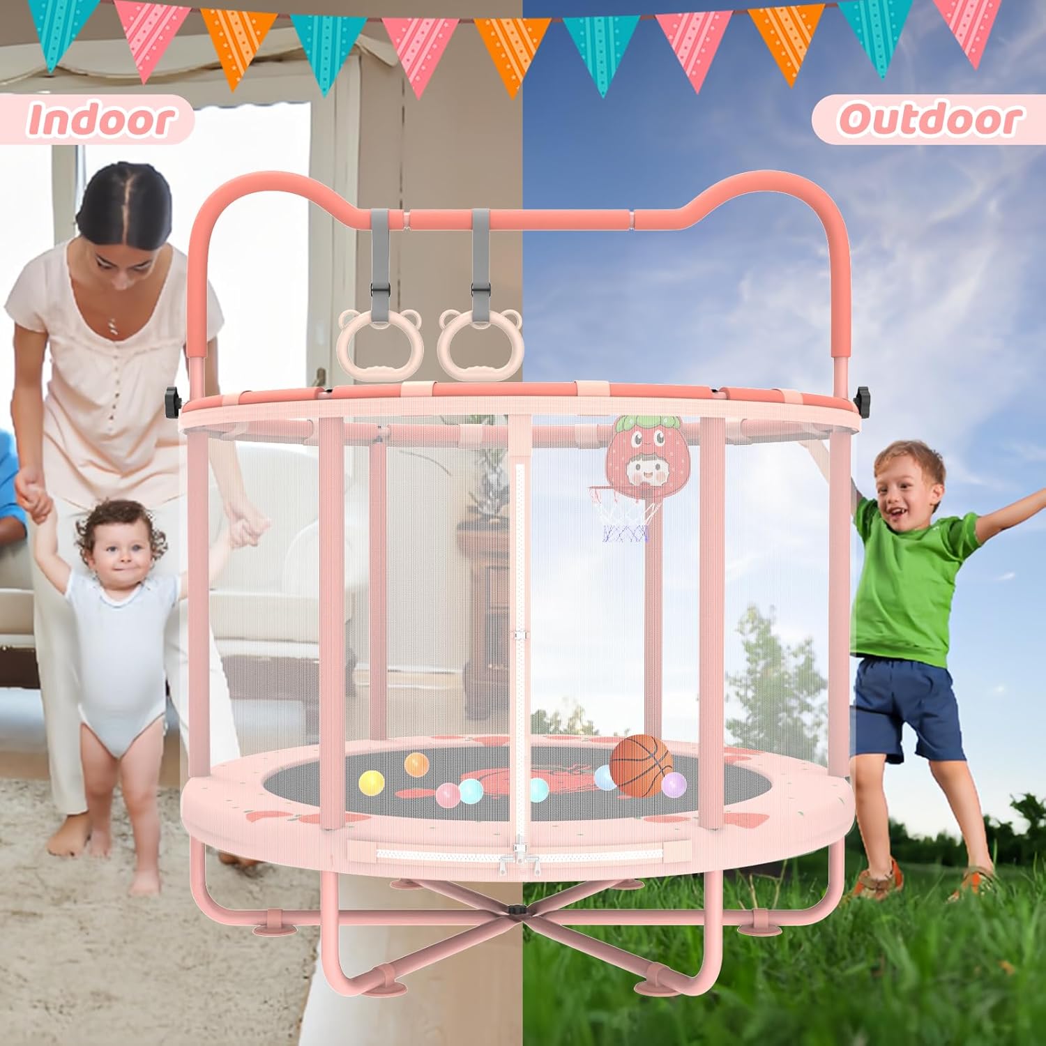 Gardenature 60" Kids Trampoline Indoor, 5ft Toddler Mini Trampoline with Basketball Hoop, Gymnastics Bar, Rings, Christmas Toys Birthday Gifts for Girls Boys Age 3-8, Pink - Image 5