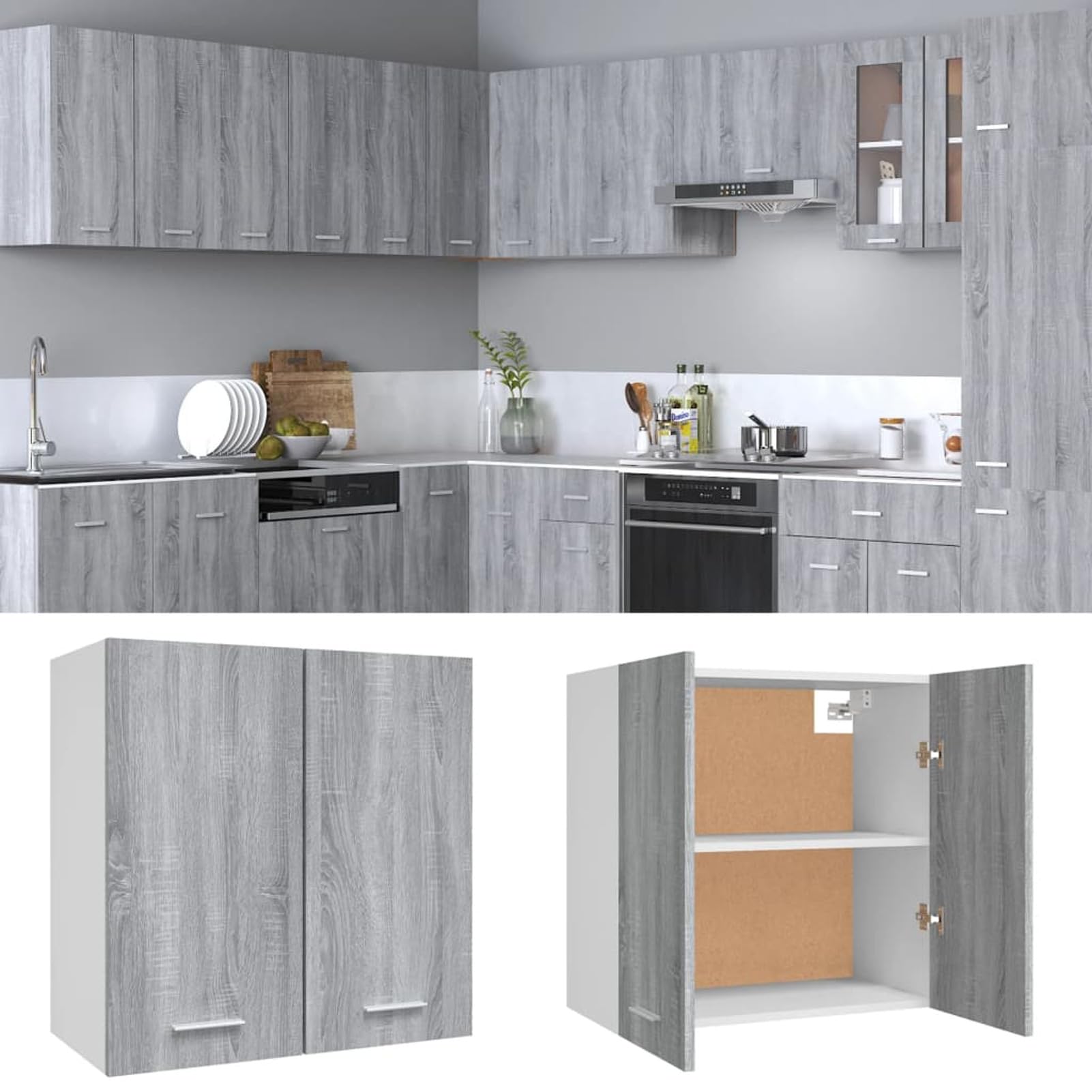 Homgoday Szafka wisząca szara Sonoma Engineered Wood, naścienna szafka kuchenna, szafka ekspozycyjna, szafka do kuchni, salonu i biura meble wewnętrzne
