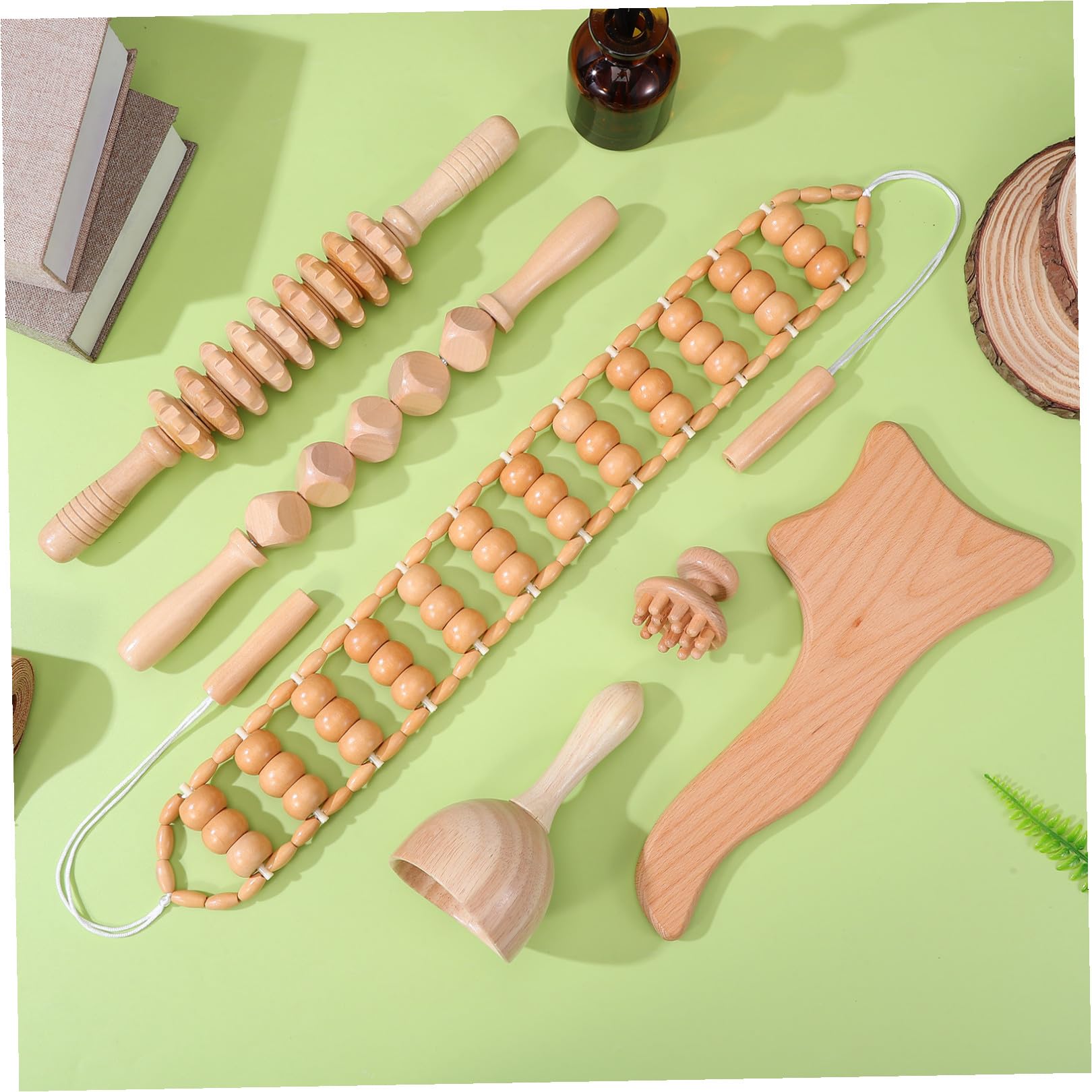 Kit para Maderoterapia de 6 Piezas, Rodillo de Madera y Rodillo Masajeador Anticelulitis para Espalda, Relaja, Alivia Fatiga y Favorece la Circulación