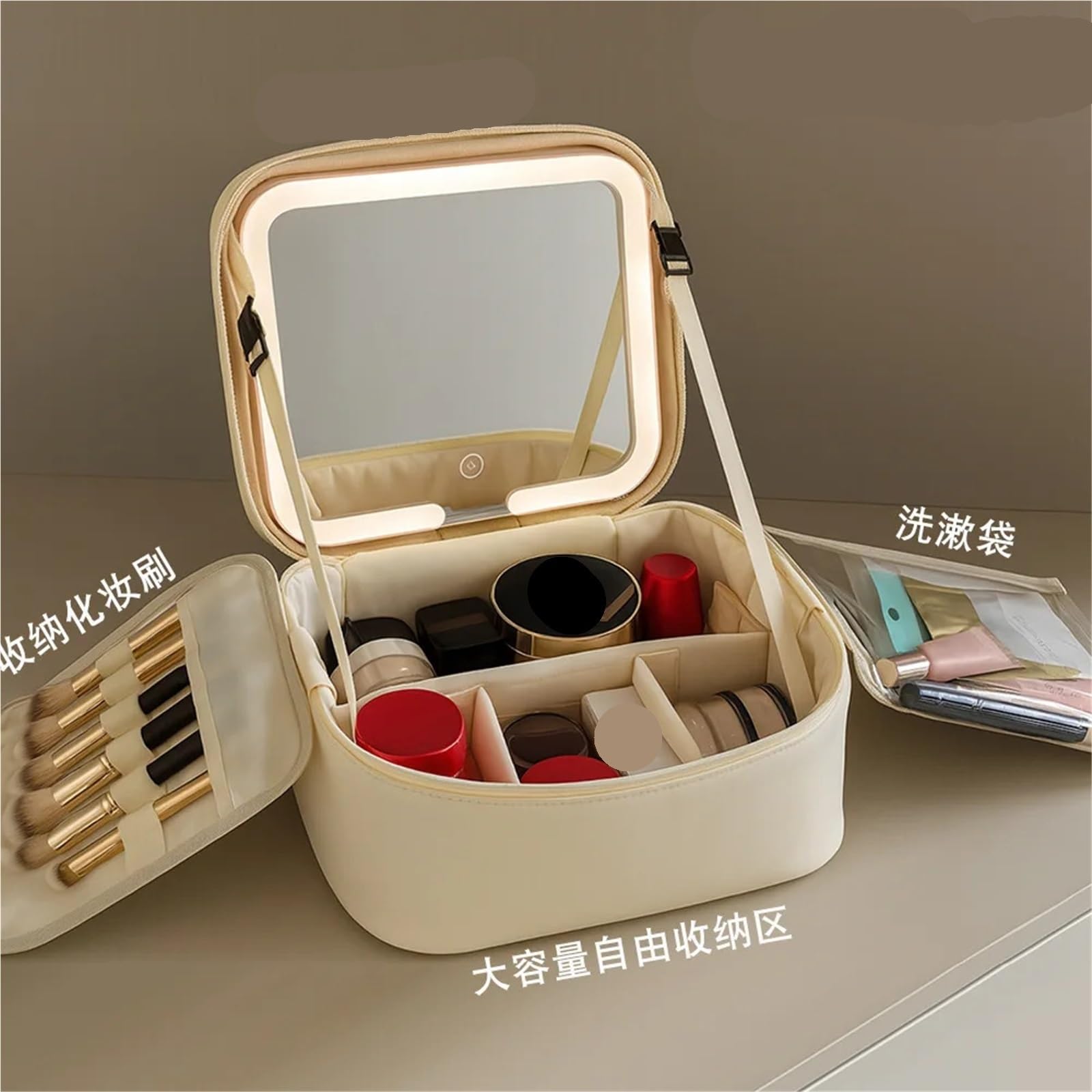 Borsa for Il Trucco per i Viaggi | Organizzatore di strumenti cosmetici for trucco in pelle PU con specchio(Beige White)