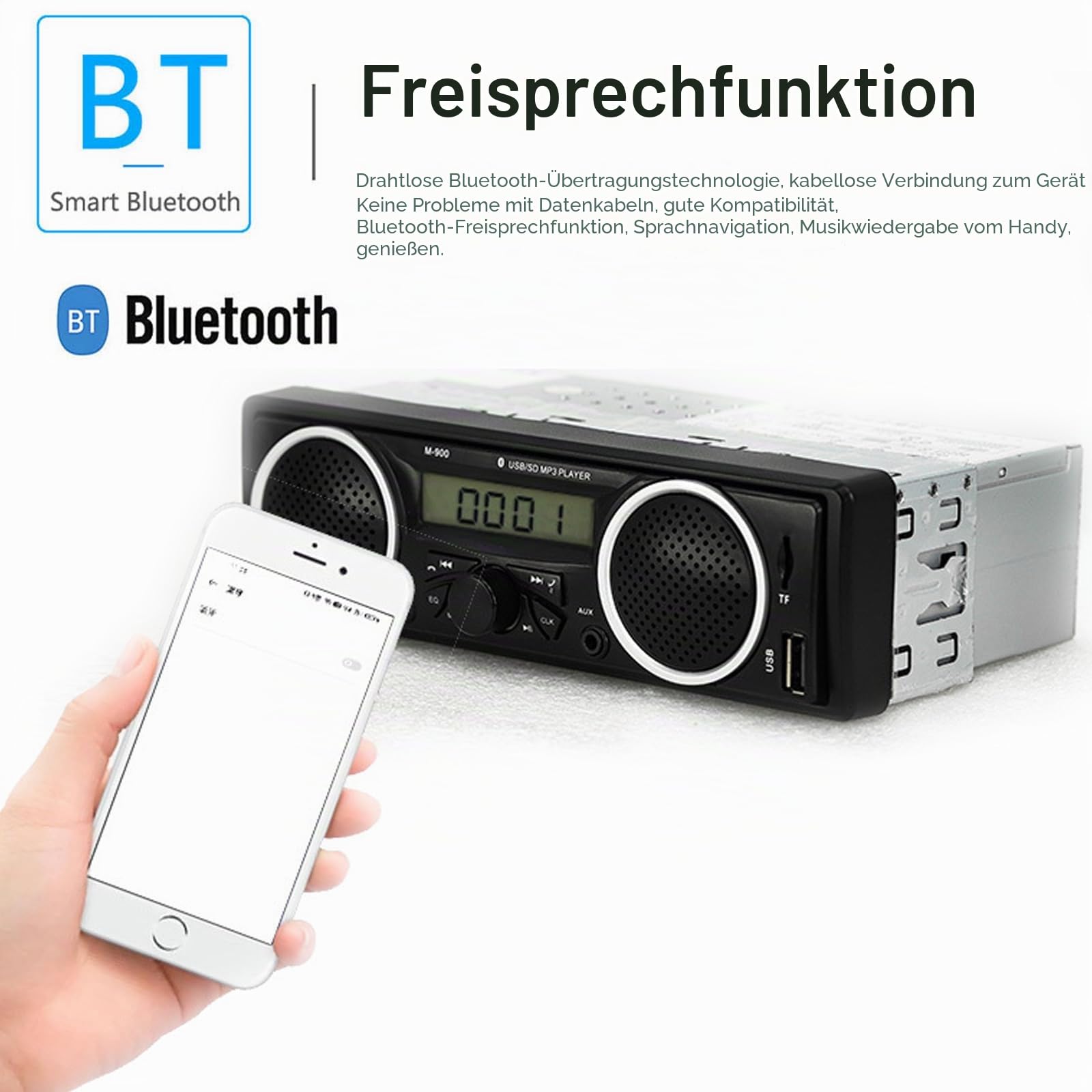 Single Din Auto-Stereo-Bluetooth, 1 DIN 12 V-24 V Autoradio mit zwei eingebauten Lautsprechern, Auto-FM-Audio-Multimedia-Player mit USB-AUX-Eingang, TF-Kartenanschluss