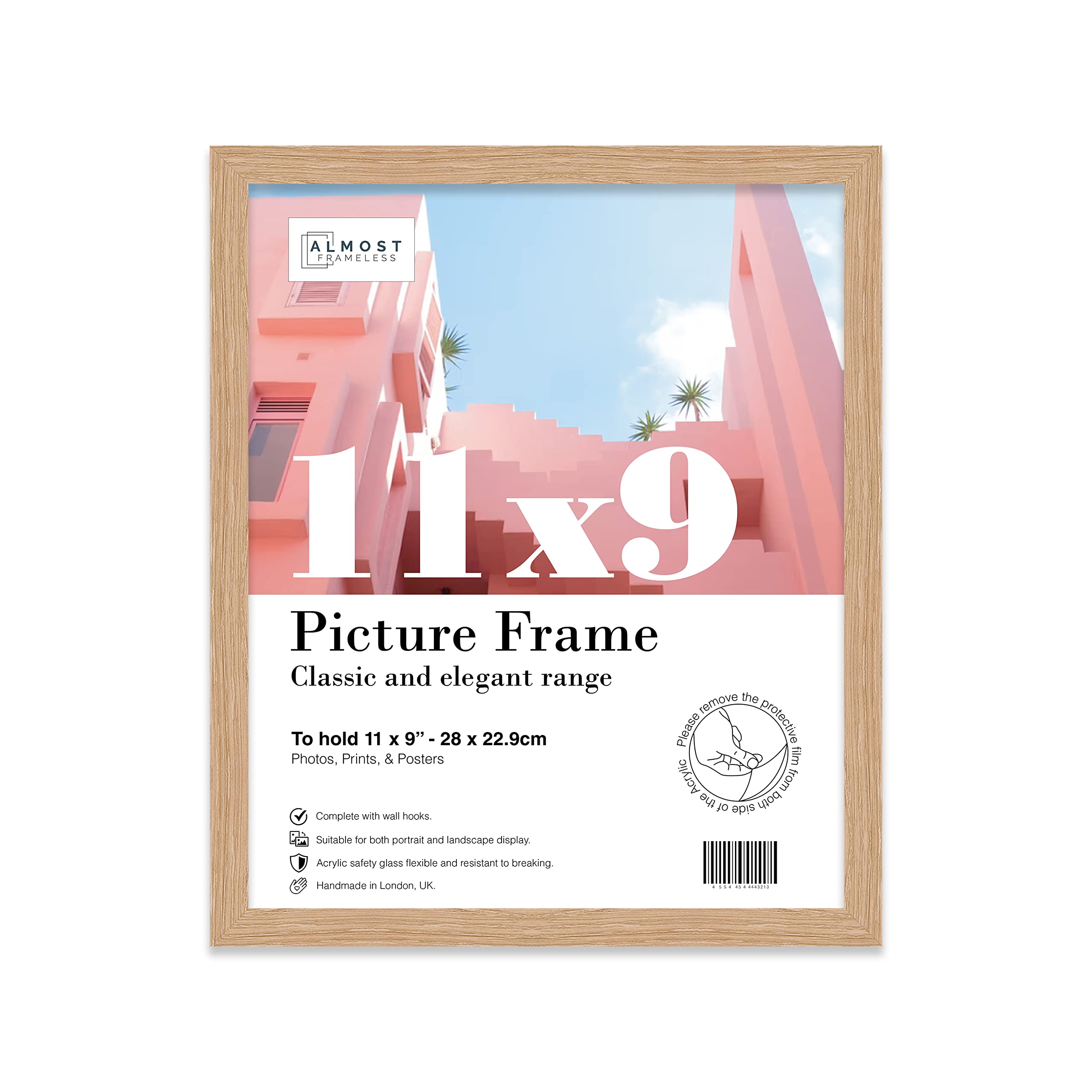 Almost Frameless 11x9 Oak Picture Frame 11"x9"(27.9x22.9cm) Poster, Photo, Artwork, or Print. Thin Edge Slim Frame Portrait and Landscape Display with Wall Hooks