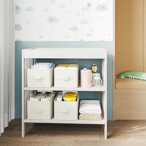 Miniatura 8 de Paquete de 3 contenedores medianos de tela para estantes, contenedores de almacenamiento de armario de 12.6 x 10.24 x 7.87 pulgadas, contenedores de