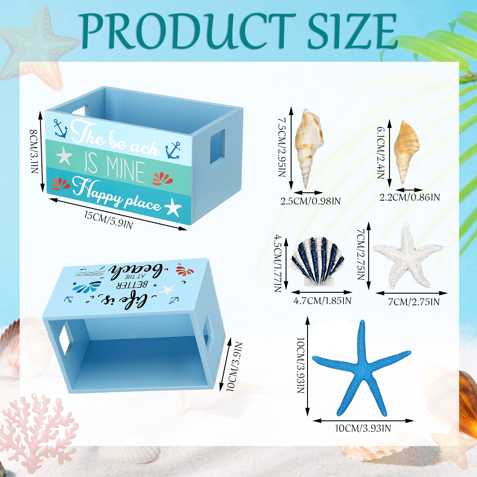 Marsui Beach Table Decor Mini Wooden Crate with 6 Starfish Shells Beach Summer Tiered Tray Decor for home kitchen Table Party Centerpiece