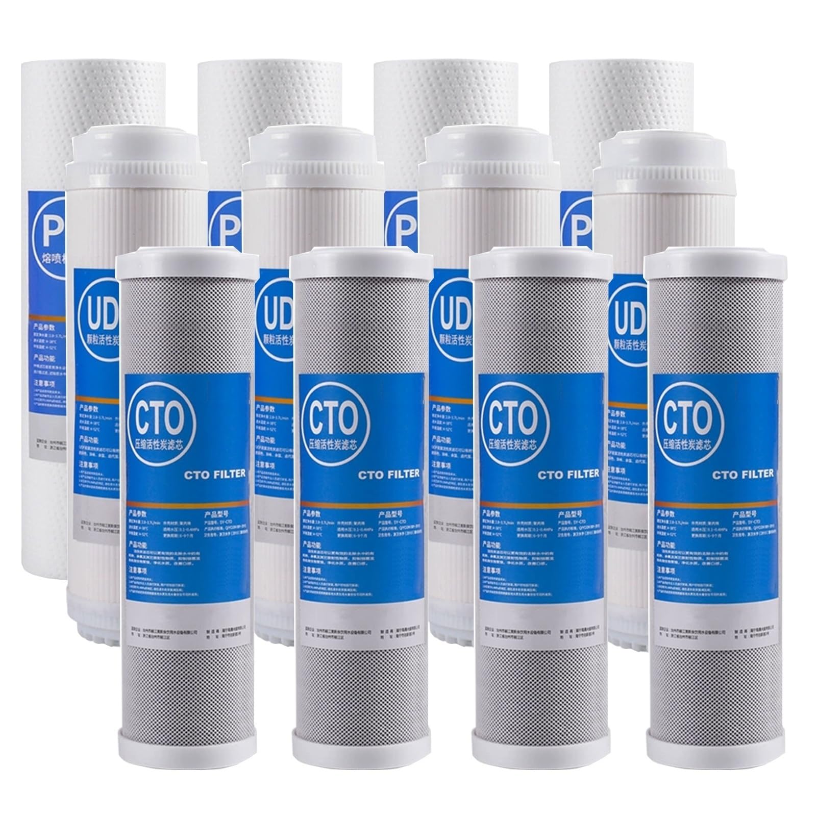 3-stopniowy (PP-UDF-CTO) filtr do wody, uniwersalny wkład filtrujący z węglem aktywnym 9,5'' × 2,5'', poprawia smak i zapach wody (4 zestawy)